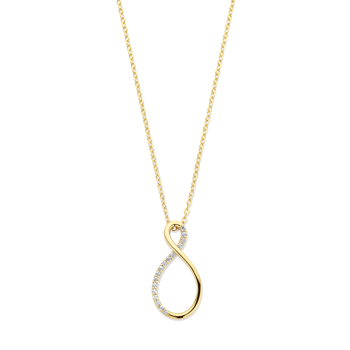14k Geelgouden collier met zirkonia. Het collier heeft draaglengtes van 43 en 45cm. De schakelbreedte is 1.3mm. Uitgevoerd met een karabijn sluiting.
