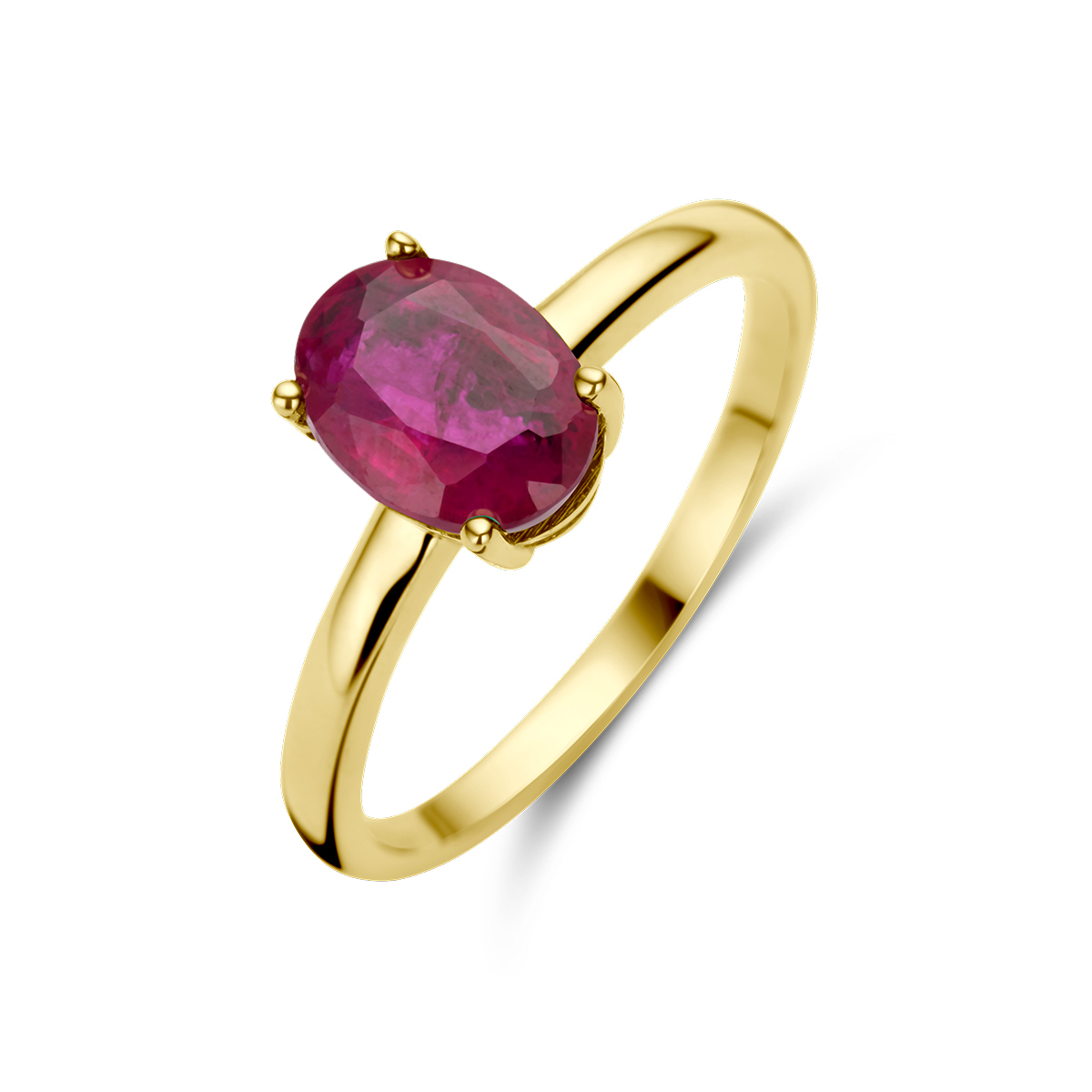14k Geelgouden ring uitgevoerd met robijn. De steen heeft een afmeting van 8x6mm.