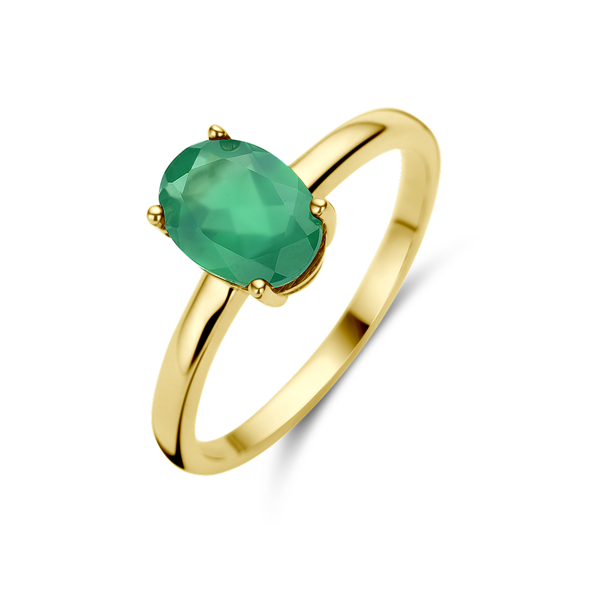14k Geelgouden ring uitgevoerd met groen agaat. De steen heeft een afmeting van 8x6mm.