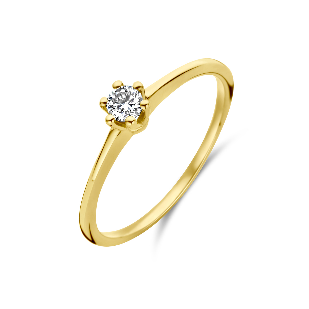 14k Geelgouden ring uitgevoerd met een 0,15 ct
 briljant geslepen diamant. De ring heeft een breedte van 4mm