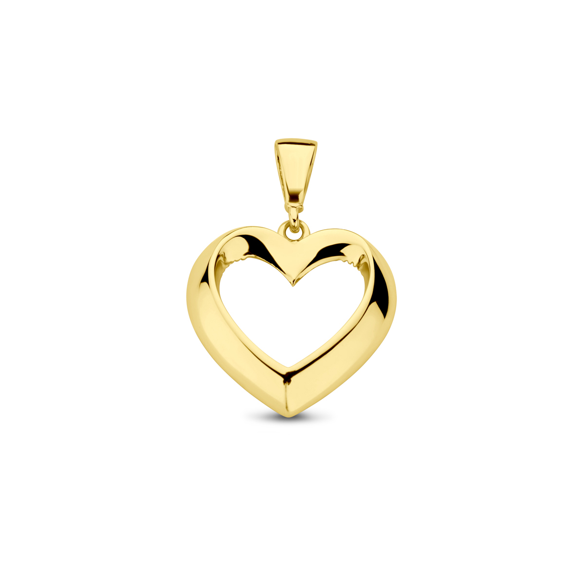 14k Geelgouden hanger uitgevoerd met een open hart. De hanger heeft een totale hoogte van 20mm. Het hart heeft een afmeting van 14x14.5mm.