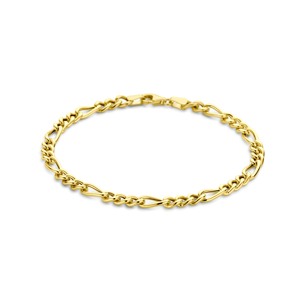 14k Geelgouden armband met een figaro schakel van 4.5mm. De armband heeft een draaglengte van 19cm en is uitgevoerd met karabijnsluiting