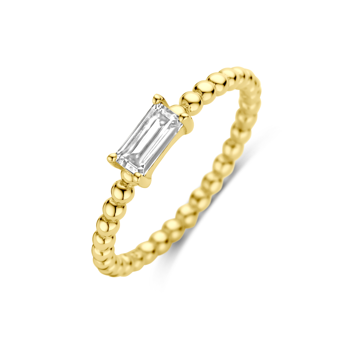 14k Geelgouden ring uitgevoerd met zirkonia. De ring heeft een breedte van 3.5mm.