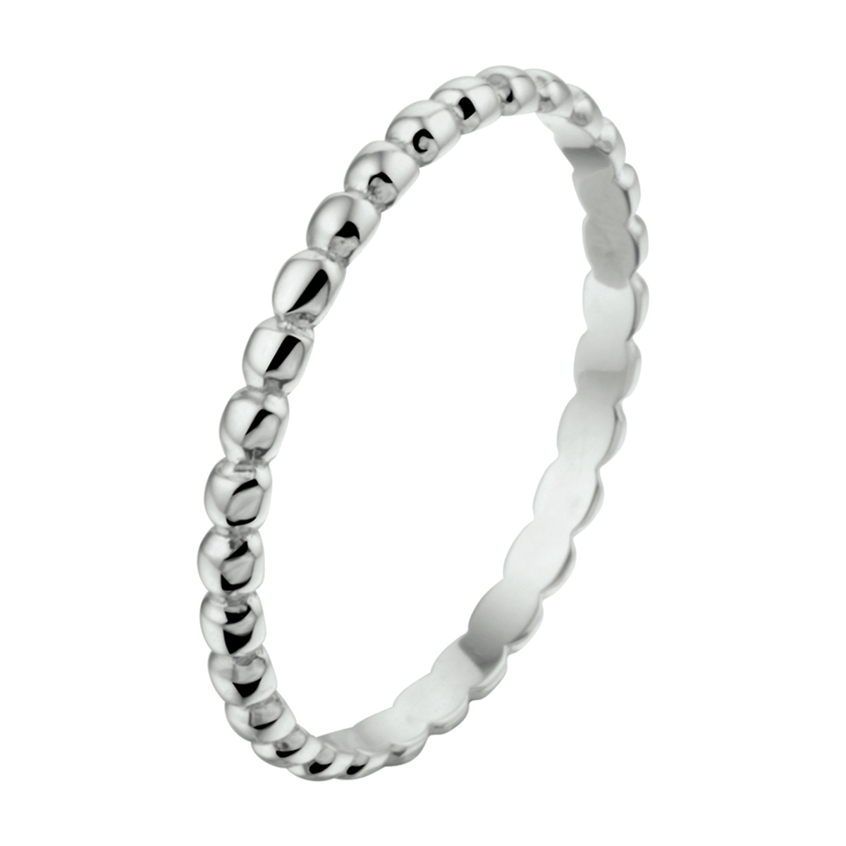 14k Witgouden aanschuifring uitgevoerd met platte bolletjes. De ring heeft een breedte van 2mm.