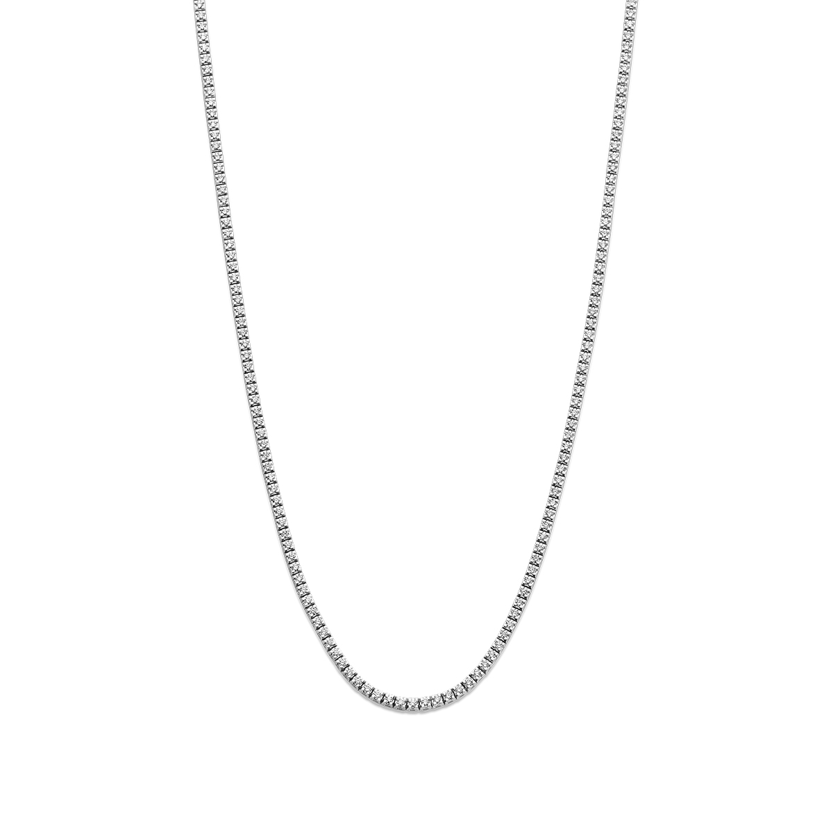 14k Witgouden tenniscollier uitgevoerd met lab grown diamanten. Het tenniscollier heeft een draaglengte van 42cm en een schakelbreedte van 1.9mm. Het diamantgewicht is 2.00ct. Lab grown diamanten zijn diamanten die ontstaan in een laboratorium. Onder extreem hoge druk en temperatuur wordt het natuurlijk ontstaansproces nagebootst met als eindresultaat een diamant met dezelfde chemische eigenschappen maar met een andere oorsprong.