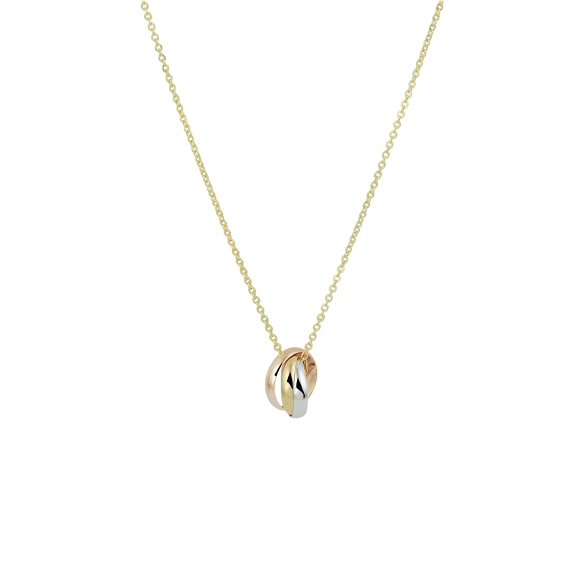 14k Geelgouden collier uitgevoerd met een tricolor rose- geel en witgouden hangertje bestaande uit drie in elkaar gedraaide ringetjes. Het collier heeft draaglengtes van 41, 43 en 45cm. De schakelbreedte is 1.0mm.