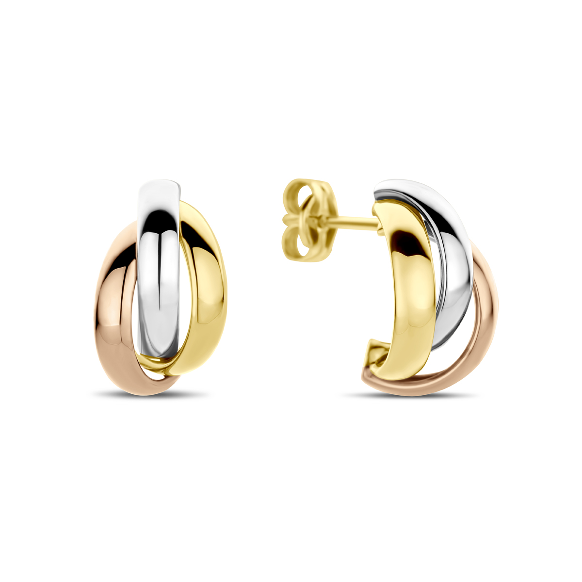 14k Tricolor wit- rose- en geelgouden stekeroorringen met een afmeting van 13x8mm.