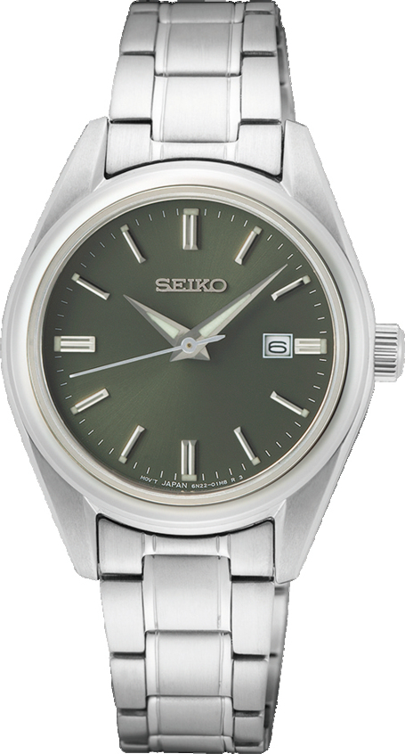 Dit is een dameshorloge van het merk Seiko. Het is een analoog horloge gemaakt van staal. De diameter van de kast is 29.8 mm en de kast is 8.8 mm dik.
De verdere specificaties van het horloge zijn als volgt:
Kastvorm: rond
Kastkleur: zilverkleurig
Kastmateriaal: staal
Bandbreedte: 14 mm
Bandlengte: 213.8 mm
Sluiting: vouwsluiting met drukker
Wijzerplaatkleur: groen
Glassoort: saffier glas
Waterdichtheid: 10 ATM
Techniek: quartz