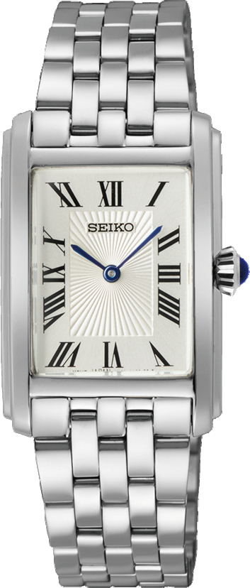 Dit is een dameshorloge van het merk Seiko. Het is een analoog horloge gemaakt van staal. De diameter van de kast is 22.2 mm en de kast is 7.18 mm dik.
De verdere specificaties van het horloge zijn als volgt:
Kastvorm: tonneau
Kastkleur: zilverkleurig
Kastmateriaal: staal
Bandbreedte: 16 mm
Bandlengte: 212.2 mm
Sluiting: vouwsluiting met drukker
Wijzerplaatkleur: crème
Glassoort: hardlex mineraal glas
Waterdichtheid: 5 ATM
Techniek: quartz