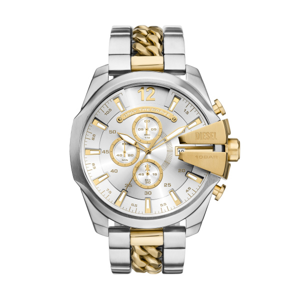 Dit bicolor heren horloge uit de Mega Chief familie biedt een chique combinatie van goud en zilver. Het heeft een roestvrijstalen kast en een brede, roestvrijstalen band van 26 mm. Met een ronde wijzerplaat met wit gestreept design en chronografische functies, is het waterbestendig tot 10 ATM. Draag het voor zowel formele als informele gelegenheden voor een verfijnde uitstraling.