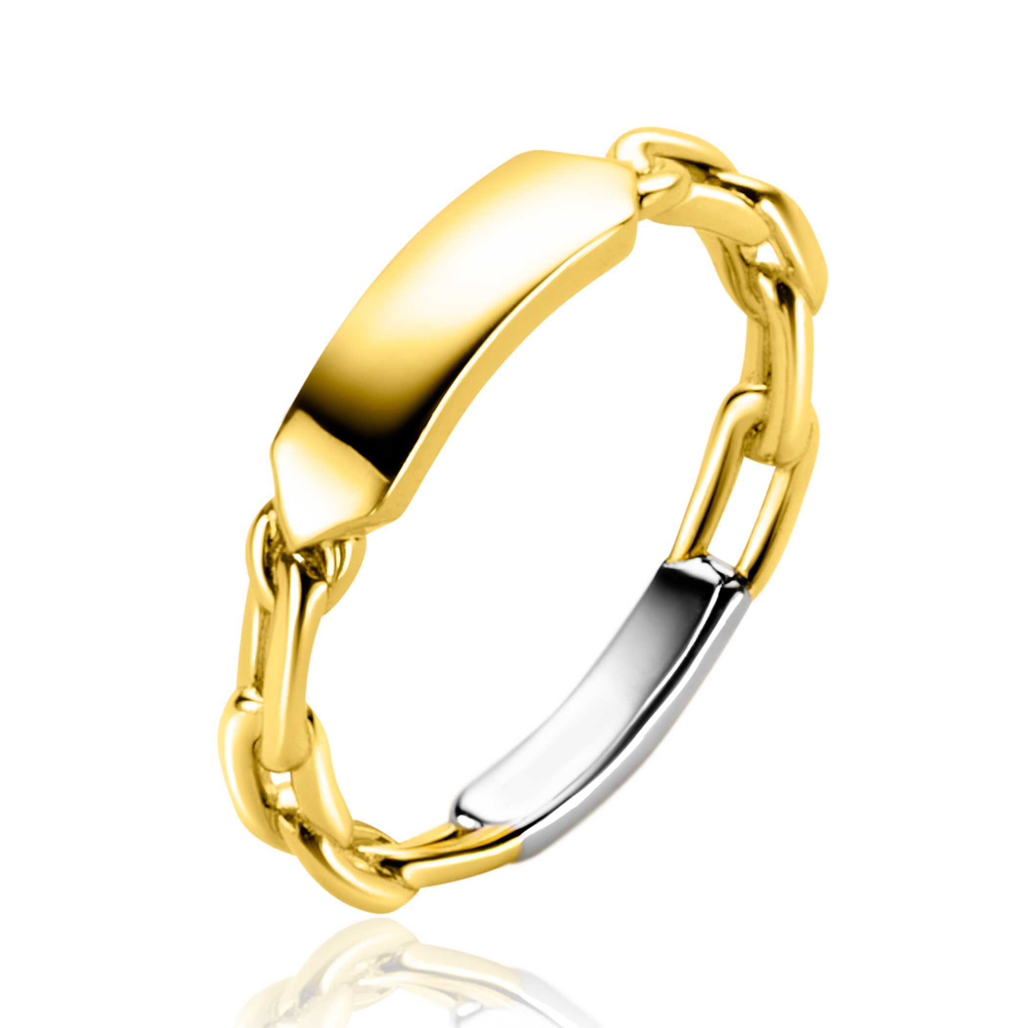 ZINZI gold plated zilveren ring met paperclip schakels en rechthoekig glanzend plaatje. Vervaardigd van eerste gehalte zilver (925) en met extra geel vergulding.
