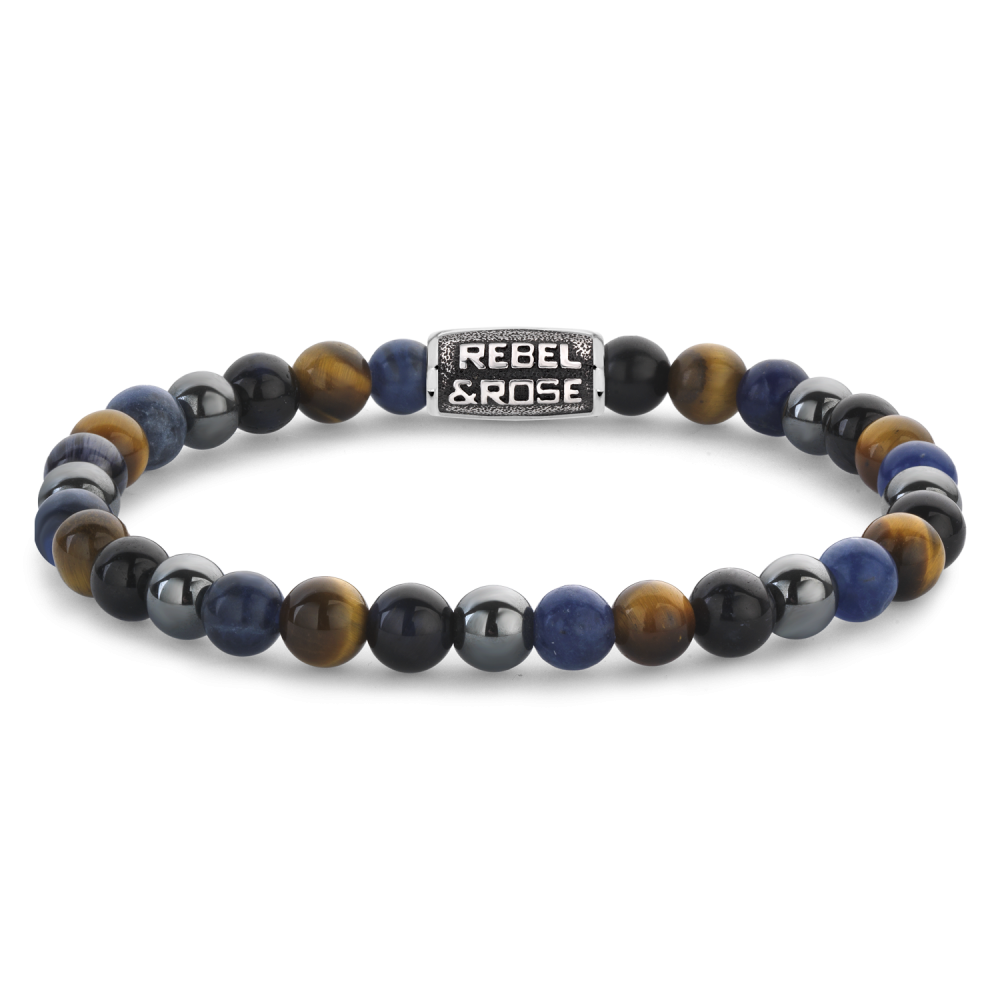 Armband van het merk Rebel & Rose. De armband heeft een hoogwaardige elastische stretch koord, met 6mm van Sodaliet, geelbruine Tijgeroog, blauwe Tijgeroog, grijze Hematiet.