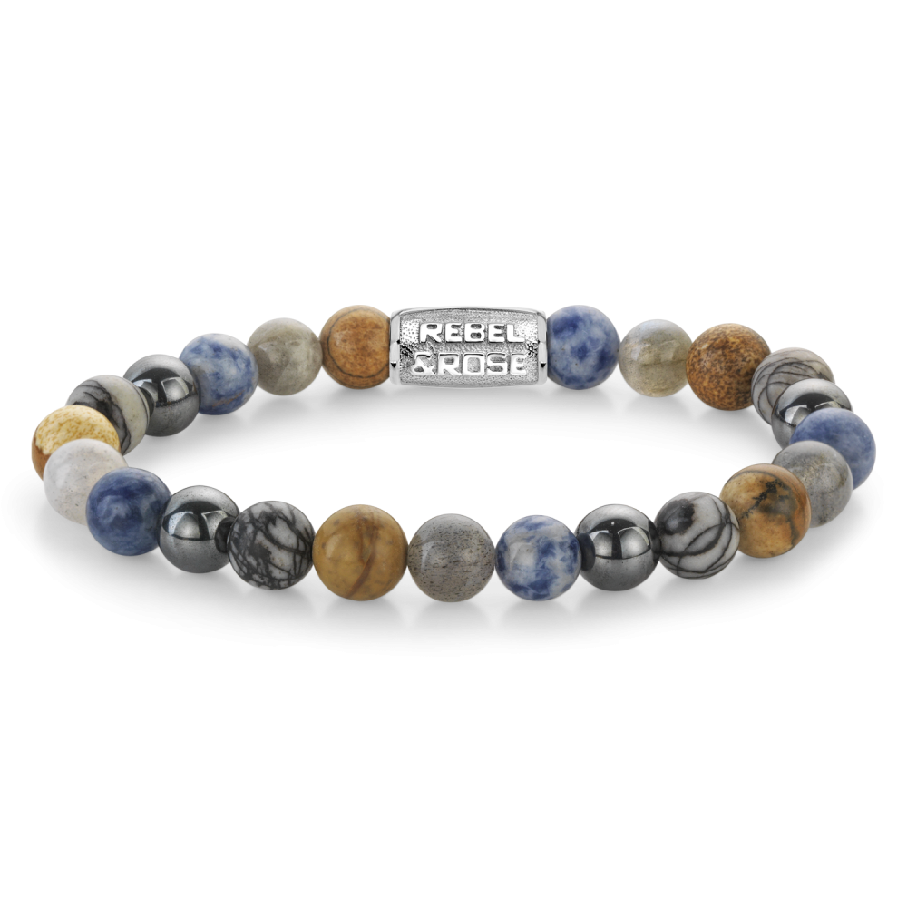 Armband van het merk Rebel & Rose. De armband heeft een hoogwaardige elastische stretch koord, met 8mm van Labradorite, Lithographic, Black Network, Hematite Grey, Blue Spot Stone.