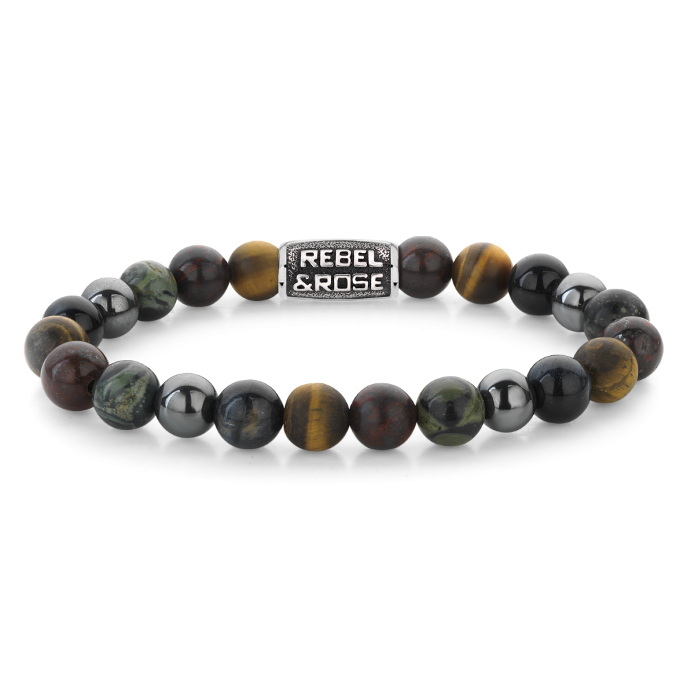 Armband van het merk Rebel & Rose. De armband heeft een hoogwaardige elastische stretch koord, met 8mm van Tiger Eye Blue, Tiger Eye Yellow, Brecciated Jasper, Rhyolite, Hematite Grey.