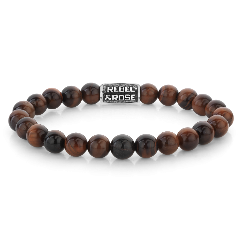 Natuurstenen armband van het merk Rebel & Rose. De armband heeft een hoogwaardige elastische stretch koord, 8mm bordeaux-rode Tijgeroog natuurstenen beads en RVS slotje