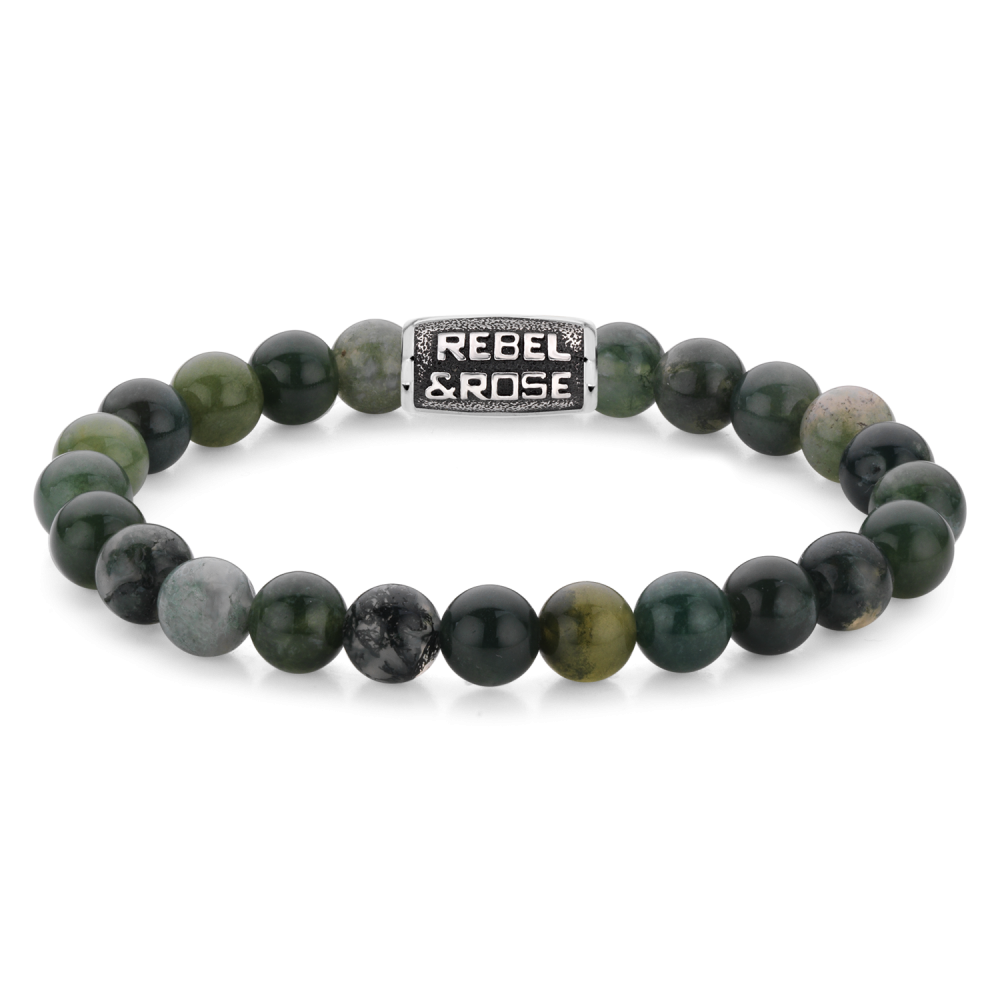 Natuurstenen armband van het merk Rebel & Rose. De armband heeft een hoogwaardige elastische stretch koord, 8mm mosgroene Agaat natuurstenen en RVS slotje