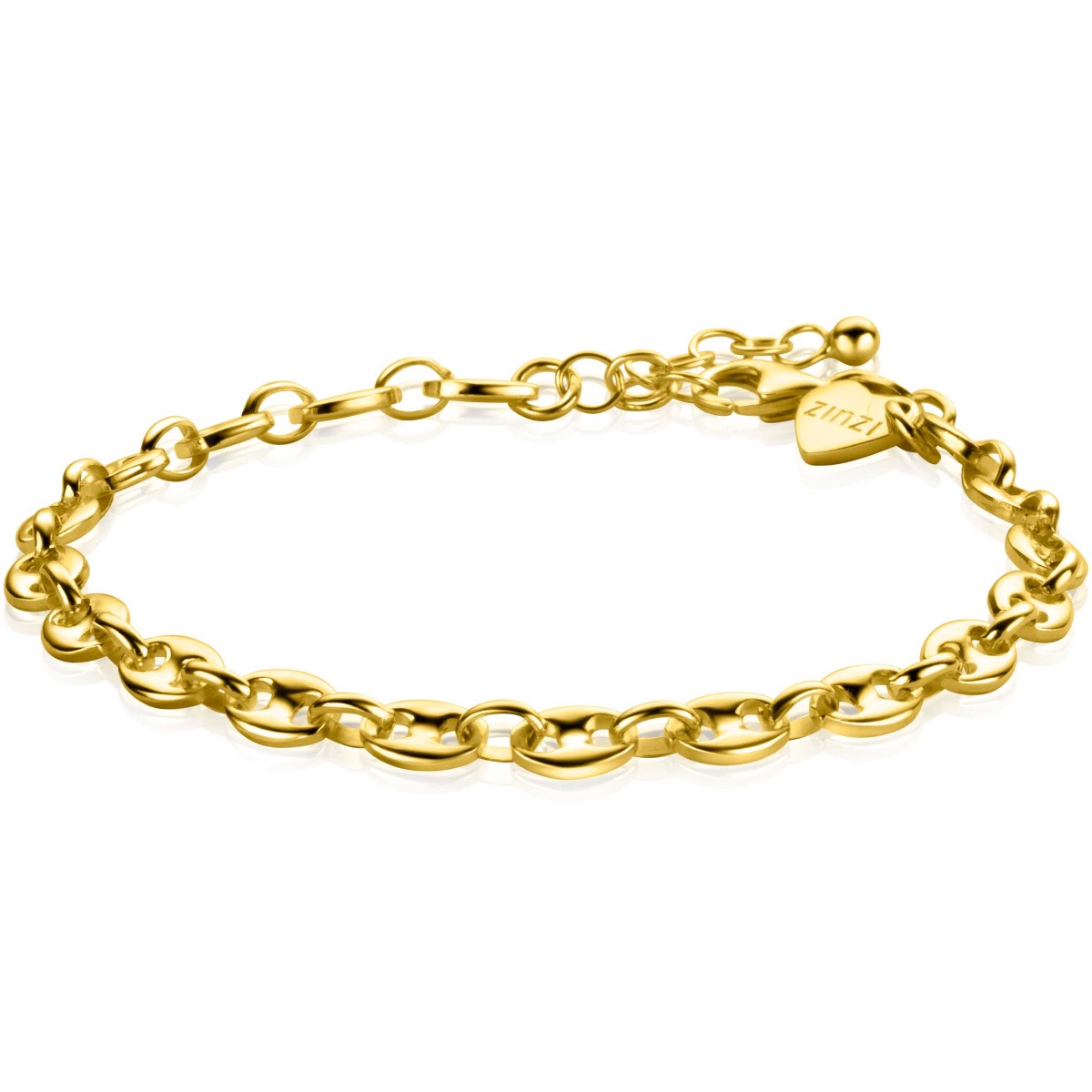 ZINZI gold plated zilveren koffieboon schakelarmband van 5mm breed. Valt sierlijk om iedere pols. De lengte van de armband is te variëren tussen 17 en 20cm door het handige verlengkettinkje. Bij sluiting herkenbaar ZINZI, door het zilveren Zinzi hartje. Vervaardigd van eerste gehalte zilver (925) en voorzien van een extra 14K geel vergulding.