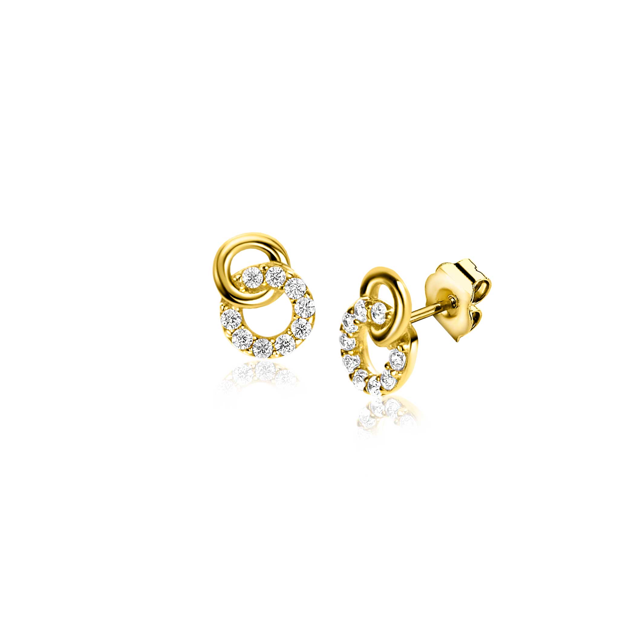 6,5mm ZINZI Gold 14 krt gouden oorstekers verbonden open rondjes, glad en bezet met witte zirconia's ZGO471