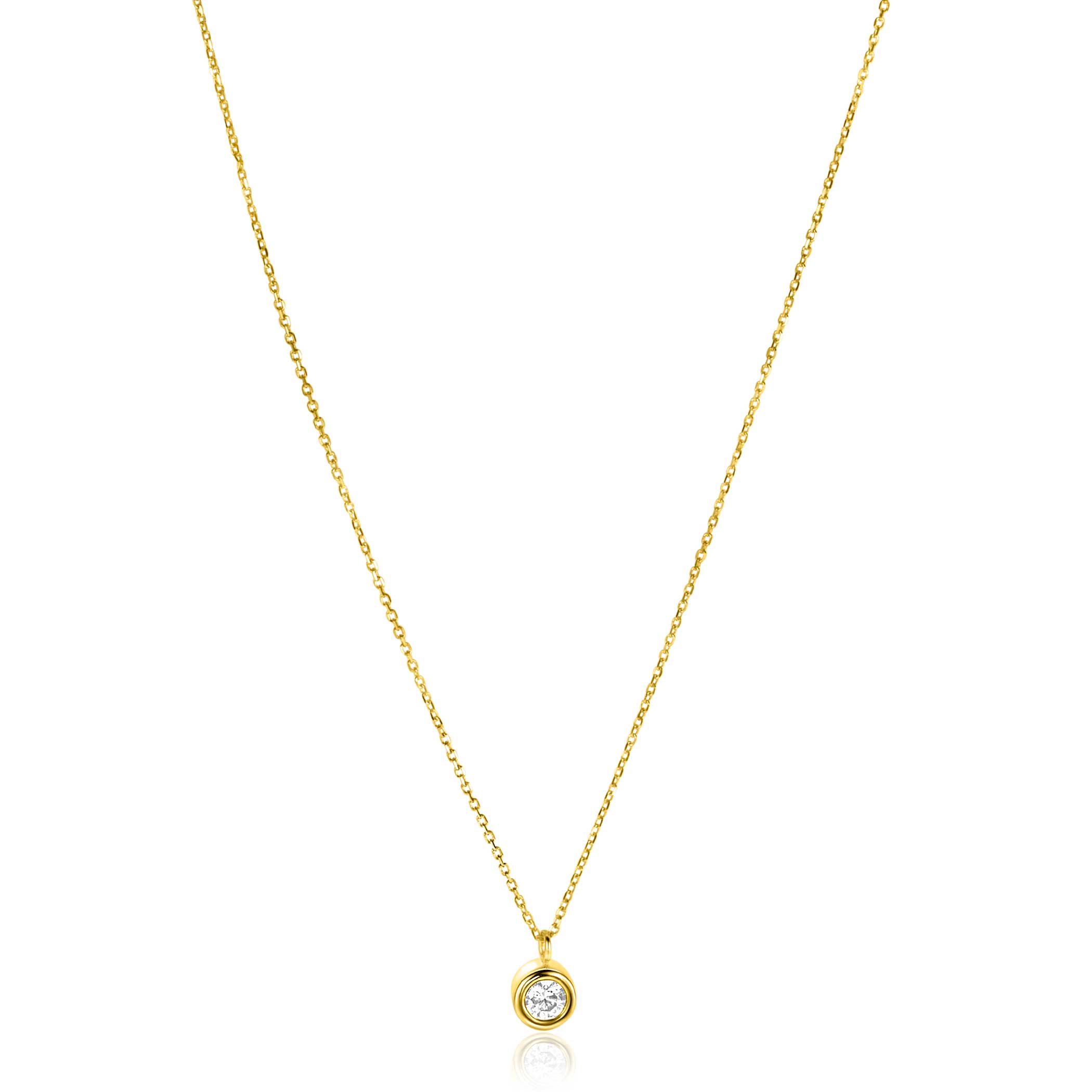 ZINZI Gold 14 krt gouden schakelkettinkje 43cm met sierlijke ronde hanger, bezet met witte zirconia ZGC371