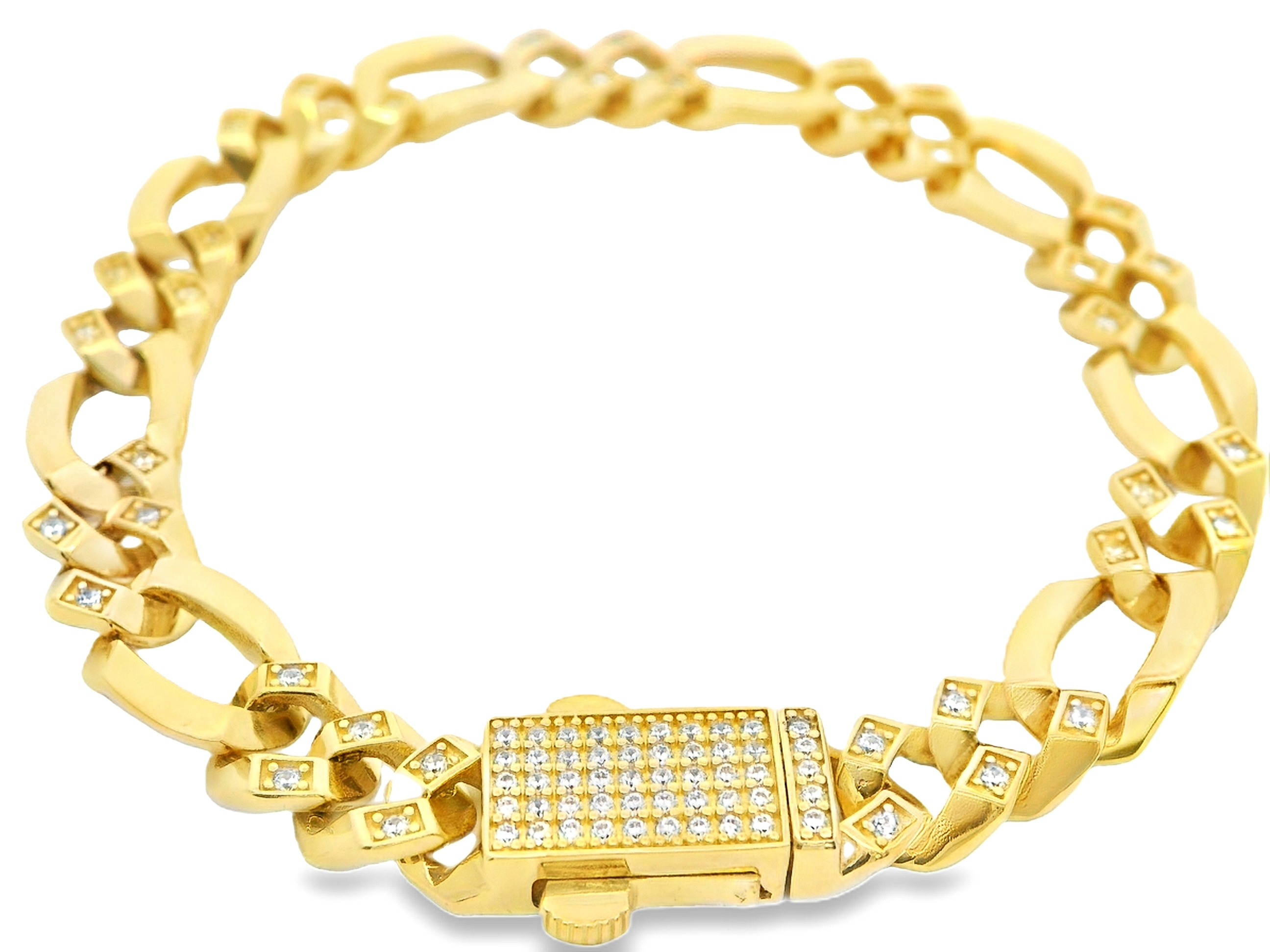 Deze elegante armband is vervaardigd uit hoogwaardig 14 karaat geelgoud (15.23 gr) en straalt luxe en verfijning uit. De schakels zijn stijlvol vormgegeven met een moderne twist op de klassieke figaro- of kubaanse schakelstijl, wat zorgt voor een opvallende en tijdloze uitstraling. Wat deze armband extra bijzonder maakt, zijn de schitterende zirkonia-steentjes die zorgvuldig zijn ingelegd in meerdere schakels én op de sluiting. De steentjes vangen het licht prachtig op en geven de armband een subtiele, maar luxe schittering.

De stevige rechthoekige sluiting is niet alleen functioneel, maar ook een echte blikvanger dankzij de rijtjes zirkonia die er strak in zijn gezet. Dit maakt de armband perfect voor zowel dagelijks gebruik als speciale gelegenheden.

Kenmerken:

Materiaal: 14 karaat geelgoud

Steensoort: Zirkonia

Schakeltype: Luxe bewerkte schakels

Sluiting: Rechthoekige kliksluiting met zirkonia-inleg

Stijl: Elegant, modern en tijdloos

Deze armband is een verfijnde toevoeging aan elke sieradencollectie en een schitterend cadeau voor een geliefde – of voor jezelf!

