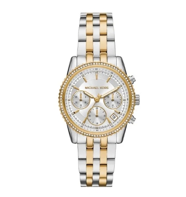 Til uw stijl naar een hoger niveau met het Mini Ritz chronograaf horloge. Met een ronde kast van 35[nbsp]mm en een stralend witte sunray-wijzerplaat is dit tweekleurige uurwerk de perfecte combinatie van elegantie en functionaliteit. MK7532