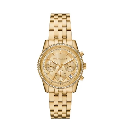 Til uw stijl naar een hoger niveau met het Mini Ritz chronograaf horloge. Met een ronde kast van 35[nbsp]mm en een stralend goudkleurige sunray-wijzerplaat is dit goudkleurige uurwerk de perfecte combinatie van elegantie en functionaliteit. MK7530