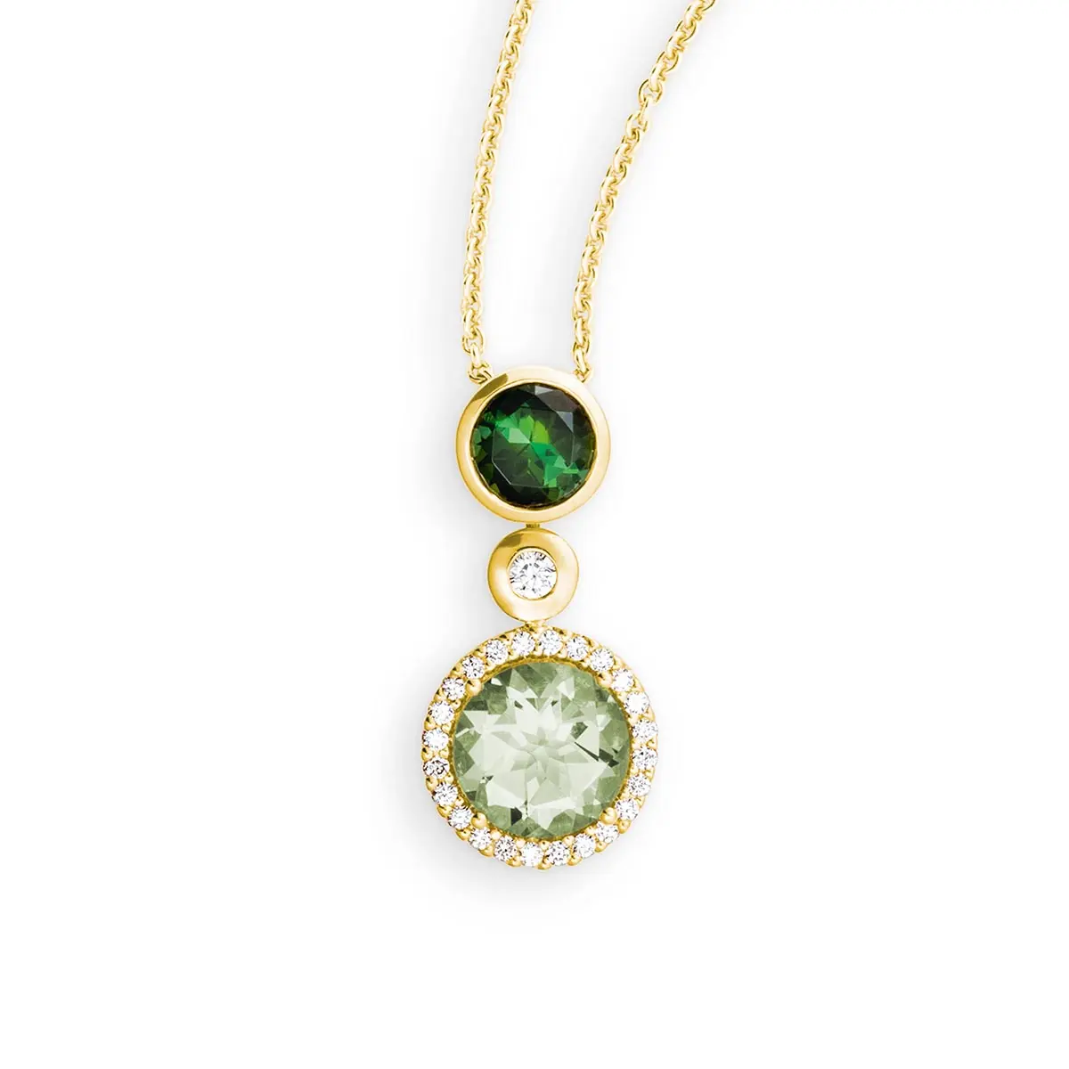 De PALIDO Geel gouden hanger heeft een groene amethist, toermalijn en 0,13 karaat diamanten. Deze prachtige sieraad is perfect als een opvallend accessoire voor elke gelegenheid. Draag het aan een elegante ketting om je outfit te verfraaien en een vleugje luxe toe te voegen aan je dagelijkse stijl.