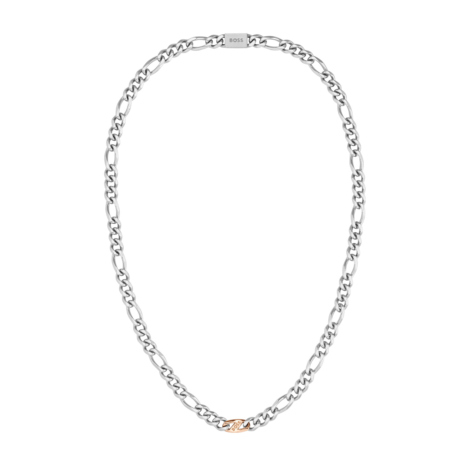 BOSS JEWELS HBJ1580586 RAIN Mannen Ketting 61cm
Deze ketting van BOSS uit de RAIN serie met artikelnr. HBJ1580586 is een stoer sieraad voor de echte BOSS klant. De stalen zilverkleurige schakelketting heeft grove opengewerkte schakels en sluit met een magneetsluiting. In het midden van de ketting zit een rosékleurige tussenschakel die goed opvalt in het geheel. Op de schakel staat het BOSS logo gegraveerd. De ketting heeft een lengte van 61cm en is goed te combineren met andere sieraden van BOSS. 

Het merk:
HUGO BOSS is afgestemd op levensstijlen waar het gaat om kwaliteit en precisie. Het wereldwijde fashionlabel is verdeeld in twee merken: BOSS en HUGO. Het merk BOSS biedt geavanceerde, moderne horloges gericht op kwaliteit en design om een onberispelijke look te creëren – of het nu zakelijk, casual of sportief is. Ontdek de nieuwe horlogecollectie die bewijst dat details echt het verschil maken.

Specificaties:
- Artikelnr: HBJ1580586
- Schakelketting
- Materiaal: Staal
- Lengte: 61cm