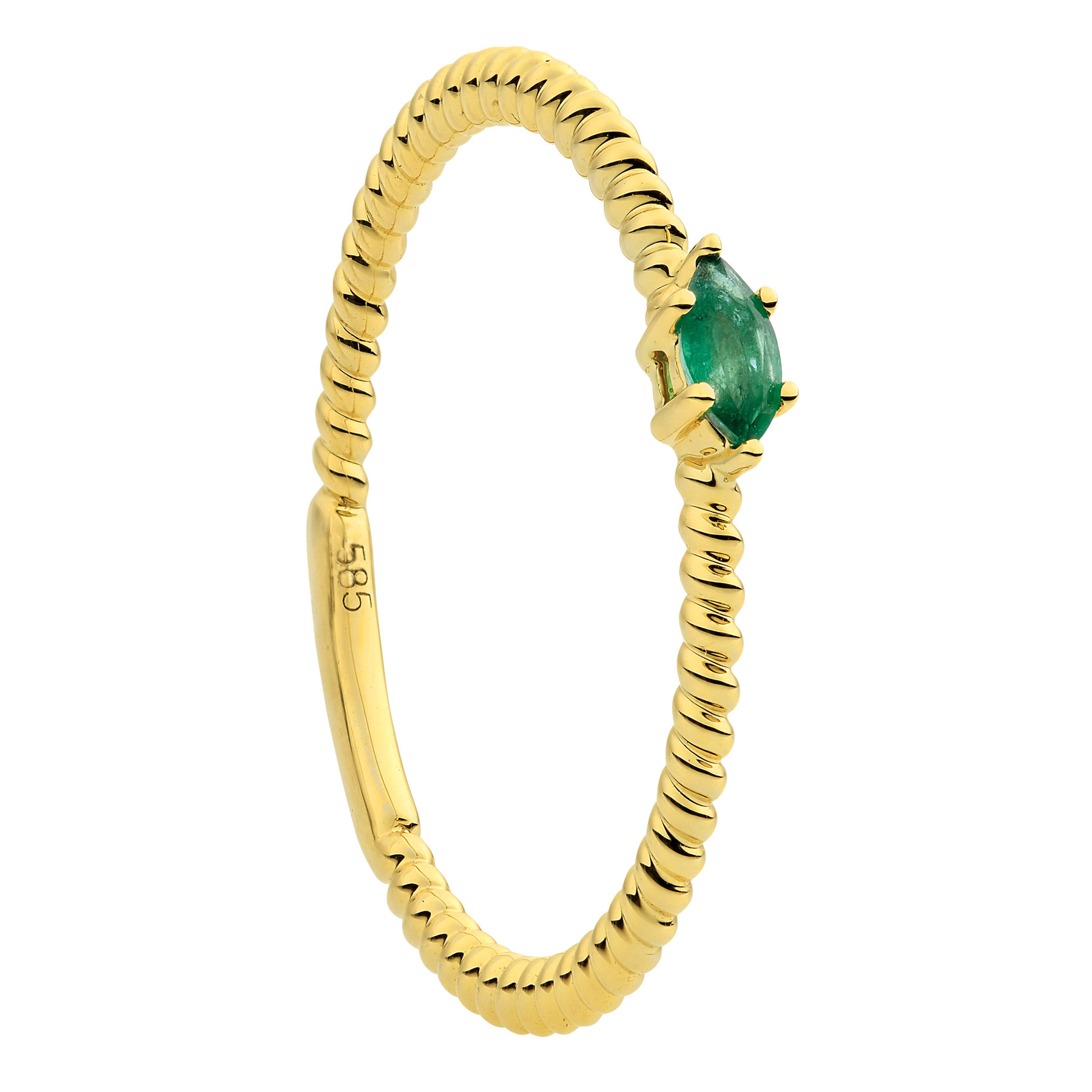 Eclat geelgouden ring met gedraaid motief met 1 x smaragd .maat 17.5
