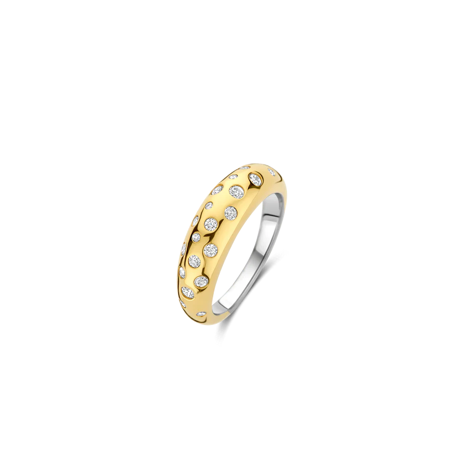 Breng een vleugje elegantie in je dagelijkse outfit met deze charmante TI SENTO goudkleurige ring 12363ZY, een tijdloos ontwerp dat verfijnde eenvoud uitstraalt. Met een slanke vergulde ring, vervaardigd uit hoogwaardig 925 zilver, is deze ring gedecoreerd met een cluster van fonkelende witte zirkonia stenen, die een delicate schittering toevoegen aan elke outfit. Deze delicate ring is het perfecte alledaagse accessoire, dat moeiteloze elegantie biedt en prachtig overgaat van ochtendvergaderingen naar diners bij kaarslicht. Het veelzijdige ontwerp maakt het een onmisbaar stuk dat alleen gedragen kan worden voor een subtiele maar klassieke look, of gestyled met andere TI SENTO ringen voor een gelaagd, stralend effect. Zorgvuldig vervaardigd voor de gevoelige huid, deze nikkelvrije en hypoallergene ring garandeert langdurig comfort en kwaliteit.