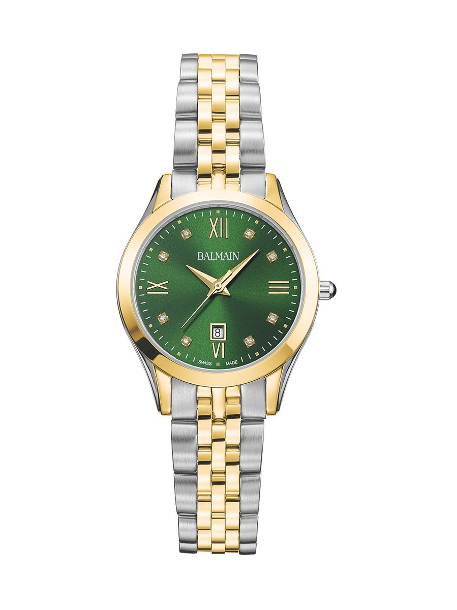 Dit bicolor dameshorloge heeft een prachtig groene wijzerplaat, waarop naast de tijd ook de datum is af te lezen. De wijzerplaat is versierd met diamanten, wat het model extra chique maakt. De kast (30mm) en schakelband van het horloge zijn gemaakt van gold-plated edelstaal. De B41123175 is luxe afgewerkt met een krasarm saffierglas en een waterdichtheid tot 50 meter. Dit houdt in dat het horloge zonder problemen omgelaten kan worden tijdens het douchen of zwemmen (duiken uitgezonderd). De saffier in de kroon maakt de luxe uitstraling compleet! Dit horloge uit de Balmain Classic R serie straalt klasse en elegantie uit.