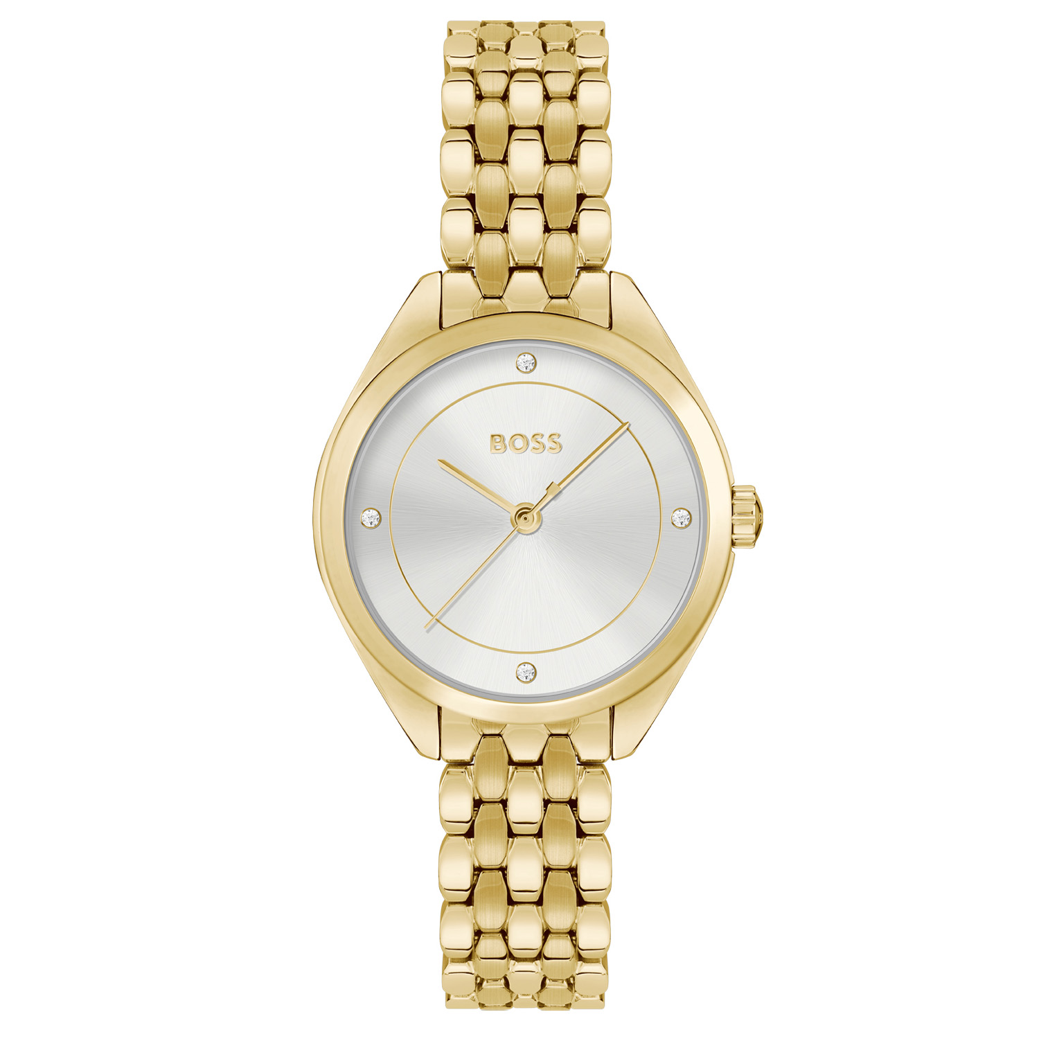 BOSS HB1502733 MAE Dameshorloge 30mm 
Dit BOSS horloge uit de MAE serie met artikelnr: HB1502733 heeft een luxe zakelijke uitstraling. Zeer geschikt voor de moderne stijlvolle vrouw van nu. Het dameshorloge valt op door zijn apart gevormde goudkleurige stalen horlogekast met een gladde goudkleurige bezel en een zilverwitte wijzerplaat met op de 3, 6, 9 en 12 een kristal als uursaanduiding. De fijne wijzers en de fijne uursaanduiding geven dit horloge een chique uitstraling. Aan de kast zit een prachtige goudkleurige fijne stalen schakelband met een vouwsluiting. De kast van het horloge heeft een doorsnee van 30mm met mineraalglas en is 3ATM. 

HET MERK:
HUGO BOSS is afgestemd op levensstijlen waar het gaat om kwaliteit en precisie. Het wereldwijde fashionlabel is verdeeld in twee merken: BOSS en HUGO. Het merk BOSS biedt geavanceerde, moderne horloges gericht op kwaliteit en design om een onberispelijke look te creëren – of het nu zakelijk, casual of sportief is. De horloge collectie van BOSS is perfect afgestemd op levensstijlen waar het gaat om kwaliteit en precisie. BOSS is op maat gemaakt in een onberispelijke stijl.

Blijf stijlvol bij de tijd. Voor de BOSS-vrouw is stijl het handelsmerk en draait alles om
details. Breng uw look naar een hoger niveau met onze nieuwe en kenmerkende horlogecollectie.

SPECIFICATIES:
- Mineraalglas
- Ovale kastvorm, Ø 30mm
- Stalen horlogekast
- Zilverwitte wijzerplaat
- Goudkleurige schakelband