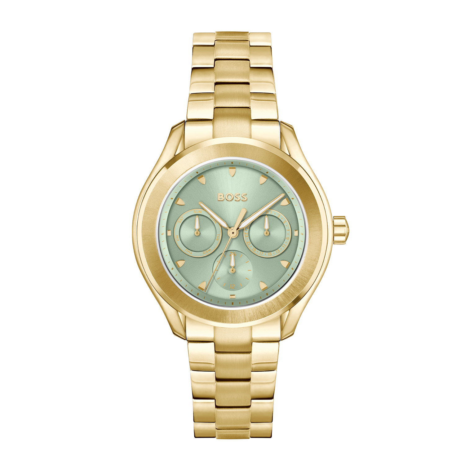 BOSS HB1502745 LIDA Dameshorloge 38mm 
Dit BOSS horloge uit de LIDA serie met artikelnr: HB1502745 heeft een stijlvolle look. Zeer geschikt voor de moderne stijlvolle vrouw van nu. Het dameshorloge valt op door zijn goudkleurige stalen ronde horlogekast met een platte goudkleurige bezel en een groene sunray wijzerplaat met dag, datum, en 24-uursaanduiding. Aan de kast zit een stalen goudkleurige schakelband met vouwsluiting. De kast van het horloge heeft een doorsnee van 38mm met mineraalglas en is 3ATM. 

HET MERK:
HUGO BOSS is afgestemd op levensstijlen waar het gaat om kwaliteit en precisie. Het wereldwijde fashionlabel is verdeeld in twee merken: BOSS en HUGO. Het merk BOSS biedt geavanceerde, moderne horloges gericht op kwaliteit en design om een onberispelijke look te creëren – of het nu zakelijk, casual of sportief is. De horloge collectie van BOSS is perfect afgestemd op levensstijlen waar het gaat om kwaliteit en precisie. BOSS is op maat gemaakt in een onberispelijke stijl.

Blijf stijlvol bij de tijd. Voor de BOSS-vrouw is stijl het handelsmerk en draait alles om
details. Breng uw look naar een hoger niveau met onze nieuwe en kenmerkende horlogecollectie.

SPECIFICATIES:
- Mineraalglas
- Ronde kastvorm, Ø 38mm
- Goudkleurige horlogekast
- Groene wijzerplaat
- Goudkleurige schakelband