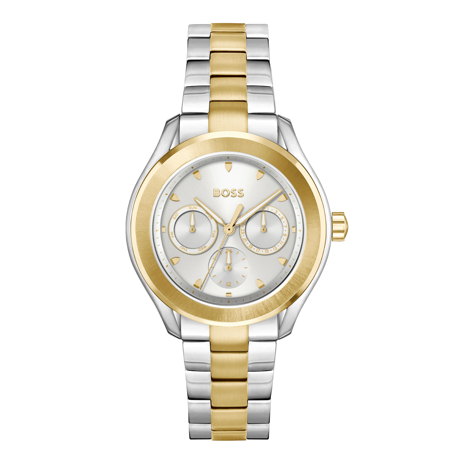 BOSS HB1502746 LIDA Dameshorloge 38mm 
Dit BOSS horloge uit de LIDA serie met artikelnr: HB1502746 heeft een stijlvolle look. Zeer geschikt voor de moderne stijlvolle vrouw van nu. Het dameshorloge valt op door zijn stalen ronde horlogekast met een platte goudkleurige bezel en een zilverwitte sunray wijzerplaat met dag, datum, en 24-uursaanduiding. Aan de kast zit een stalen bicolor schakelband met vouwsluiting. De kast van het horloge heeft een doorsnee van 38mm met mineraalglas en is 3ATM. 

HET MERK:
HUGO BOSS is afgestemd op levensstijlen waar het gaat om kwaliteit en precisie. Het wereldwijde fashionlabel is verdeeld in twee merken: BOSS en HUGO. Het merk BOSS biedt geavanceerde, moderne horloges gericht op kwaliteit en design om een onberispelijke look te creëren – of het nu zakelijk, casual of sportief is. De horloge collectie van BOSS is perfect afgestemd op levensstijlen waar het gaat om kwaliteit en precisie. BOSS is op maat gemaakt in een onberispelijke stijl.

Blijf stijlvol bij de tijd. Voor de BOSS-vrouw is stijl het handelsmerk en draait alles om
details. Breng uw look naar een hoger niveau met onze nieuwe en kenmerkende horlogecollectie.

SPECIFICATIES:
- Mineraalglas
- Ronde kastvorm, Ø 38mm
- Bicolor horlogekast
- Zilverwitte wijzerplaat
- Bicolor schakelband