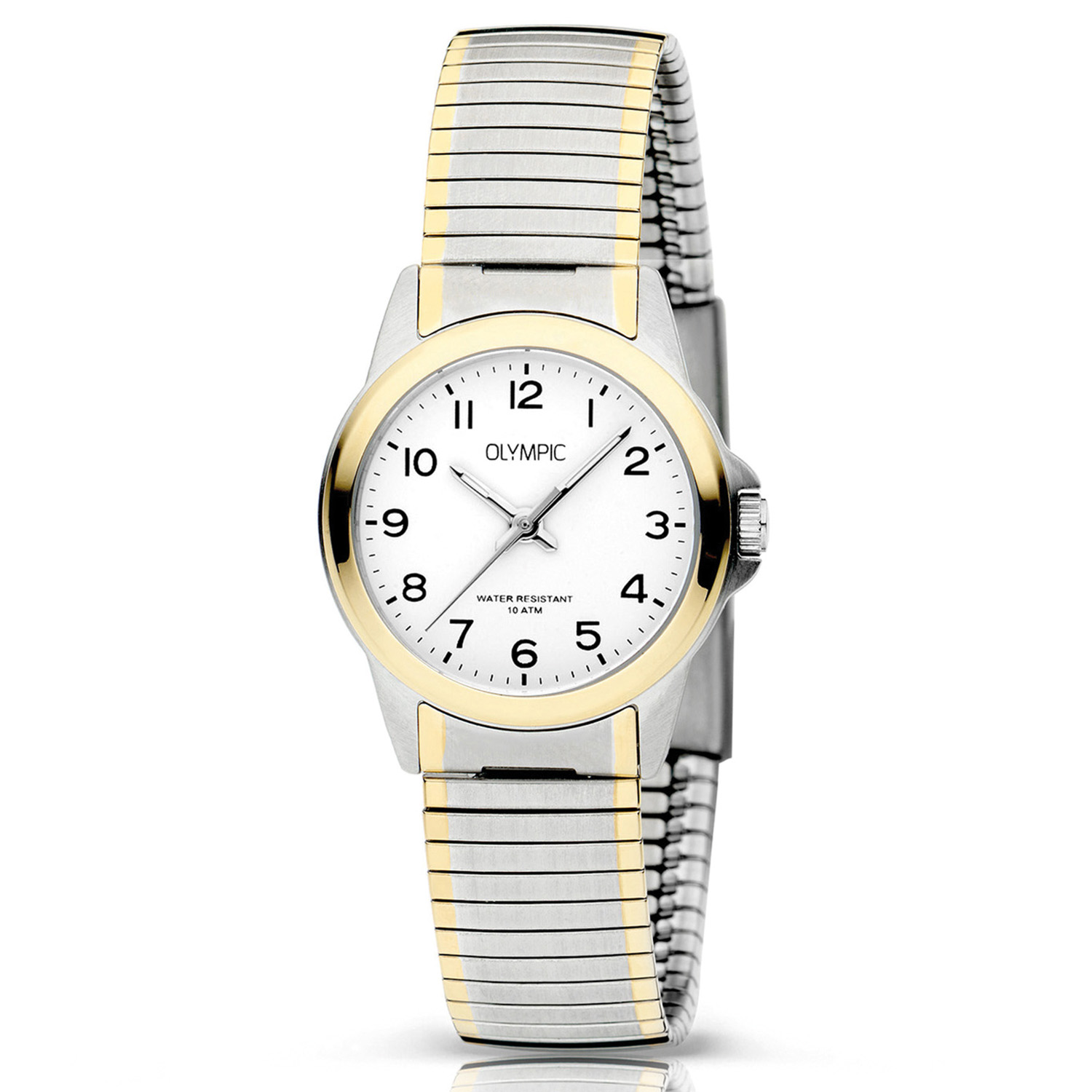 Olympic OL26DSS145B CHARLIE - Horloge - Staal - Bi-color - Rekband - 27mm
Dit unieke Olympic horloge met artikelnummer: OL26DSS145B is een klassiek dameshorloge. Het horloge heeft een geborstelde matte zilverkleurige kast met een goudkleurige bezel en een witte wijzerplaat met zwarte arabische cijfers en goudkleurige wijzers. Aan het horloge zit een bi-color rekband waardoor er geen sluiting nodig is. De band is in te korten of te vergroten. Het horloge heeft een mineraalglas, een afmeting van 27mm en is 10 ATM. Zeer geschikt voor oudere mensen en klanten die moeite hebben met sluitingen.
 
Waterdichtheid 10 ATM
Dit horloge is bestand tegen water bij het zwemmen en douchen. Dit horloge is niet bestand tegen (grote) waterdruk dus je kunt er niet mee duiken.

Het merk:
Het Nederlandse horlogemerk Olympic levert stoere chronografen, slimline series, digitale uurwerken en elegante dameshorloges. De prijs-kwaliteitverhouding staat bij Olympic hoog in het vaandel met prijzen die uiteenlopen van &euro; 34,95 tot en met &euro; 139,00.

100% Nederlands ontwerp, waterdicht en standaard 3 jaar fabrieksgarantie.

Specificaties:
- Ronde kast
- Stalen horlogekast
- Witte wijzerplaat 
- Stalen bi-color rekband
- 10 ATM (Regen- & spatwaterdicht)
- Standaard 3 jaar fabrieksgarantie
- Mineraalglas