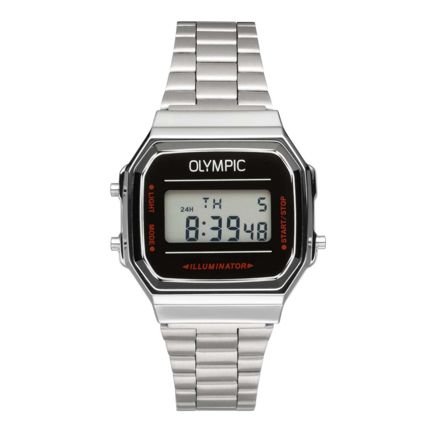 Olympic OL66HKS001 Digital Horloge Staal 38,6x 36,3mm 
Dit unieke Olympic horloge met artikelnummer: OL66HKS001 is een digitaal horloge met een sportieve uitstraling. Het horloge heeft een rechthoekige metalen kast met een zwart digitaal venster met rode en witte accenten. Het horloge heeft meerdere functies zoals, tijd, datum, stopwatch, alarm en verlichting. Aan de kast zit een zilverkleurige stalen matte schakelband met kliksluiting. Het horloge heeft een mineraalglas, een afmeting van 38,6x 36,3mm en is 3ATM.

Het merk:
Het Nederlandse horlogemerk Olympic levert stoere chronografen, slimline series, digitale uurwerken en elegante dameshorloges. De prijs-kwaliteitverhouding staat bij Olympic hoog in het vaandel met prijzen die uiteenlopen van &euro; 34,95 tot en met &euro; 159,00.

100% Nederlands ontwerp, waterdicht en standaard 3 jaar fabrieksgarantie.

Specificaties:
- Rechthoekige kast 38,6x 36,3mm
- Metalen horlogekast
- Stalen schakelband
- 3ATM 
- Standaard 3 jaar fabrieksgarantie
- Mineraalglas