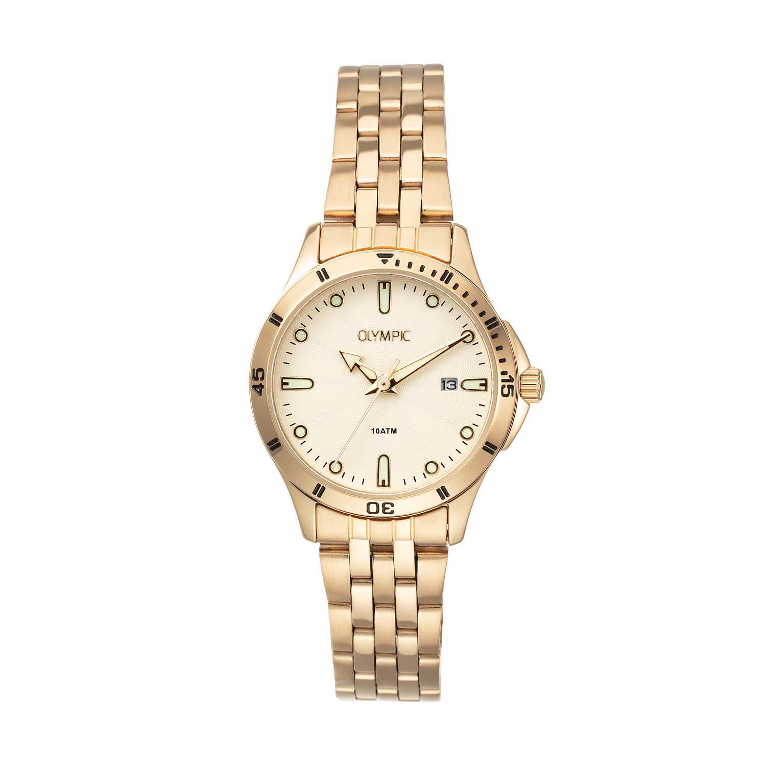 Olympic OL72DDD014 Quinn Horloge Staal 28mm 
Dit unieke Olympic horloge met artikelnummer: OL72DDD014 is een dameshorloge met een classic sportieve uitstraling. Het horloge heeft een ronde goudkleurige stalen kast met een champagnekleurige wijzerplaat met een datum, witte strepen en stippen ingelegd met lumibrite. Aan de kast zit een goudkleurige stalen schakelband met vouwsluiting. Het horloge heeft een mineraalglas, een doorsnee van 28mm en is 10ATM.

Het merk:
Het Nederlandse horlogemerk Olympic levert stoere chronografen, slimline series, digitale uurwerken en elegante dameshorloges. De prijs-kwaliteitverhouding staat bij Olympic hoog in het vaandel met prijzen die uiteenlopen van € 34,95 tot en met € 159,00.

100% Nederlands ontwerp, waterdicht en standaard 3 jaar fabrieksgarantie.

Specificaties:
- Ronde kast Ø 28mm
- Stalen horlogekast
- Champagne wijzerplaat
- Stalen schakelband
- 10ATM 
- Standaard 3 jaar fabrieksgarantie
- Mineraalglas