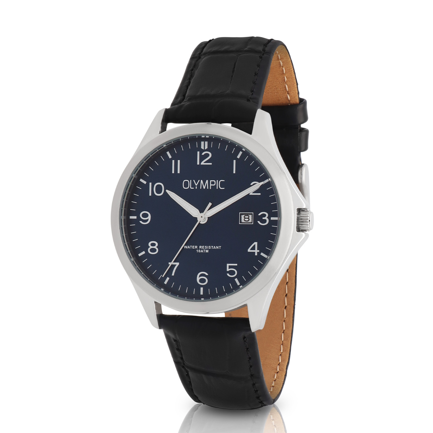 Olympic OL72HSL080 Robin Horloge Heren Leer 40mm 
Dit unieke Olympic horloge met artikelnummer: OL72HSL080 is een heren horloge met een classic uitstraling. De stalen kast heeft een gladde bezel en een blauwe wijzerplaat met een datum. De uursaanduiding is opvallend door de Arabische cijfers en de sierlijke wijzers. Dit geeft het horloge een chique uiterlijk. Aan de stalen kast zit een zwarte leren band met een gespsluiting. Het horloge heeft een mineraalglas, een doorsnee van 40mm en is 10ATM.

Waterdichtheid 10ATM
Dit horloge is bestand tegen water bij het zwemmen en douchen. Dit horloge is niet bestand tegen (grote) waterdruk dus je kunt er niet mee duiken.

Het merk:
Het Nederlandse horlogemerk Olympic levert stoere chronografen, slimline series, digitale uurwerken en elegante dameshorloges. De prijs-kwaliteitverhouding staat bij Olympic hoog in het vaandel met prijzen die uiteenlopen van &euro; 34,95 tot en met &euro; 159,00.

100% Nederlands ontwerp, waterdicht en standaard 3 jaar fabrieksgarantie.

Specificaties:
- Ronde kast &Oslash; 40mm
- Stalen horlogekast
- Blauwe wijzerplaat
- Zwarte leren band
- 10ATM 
- Standaard 3 jaar fabrieksgarantie
- Mineraalglas