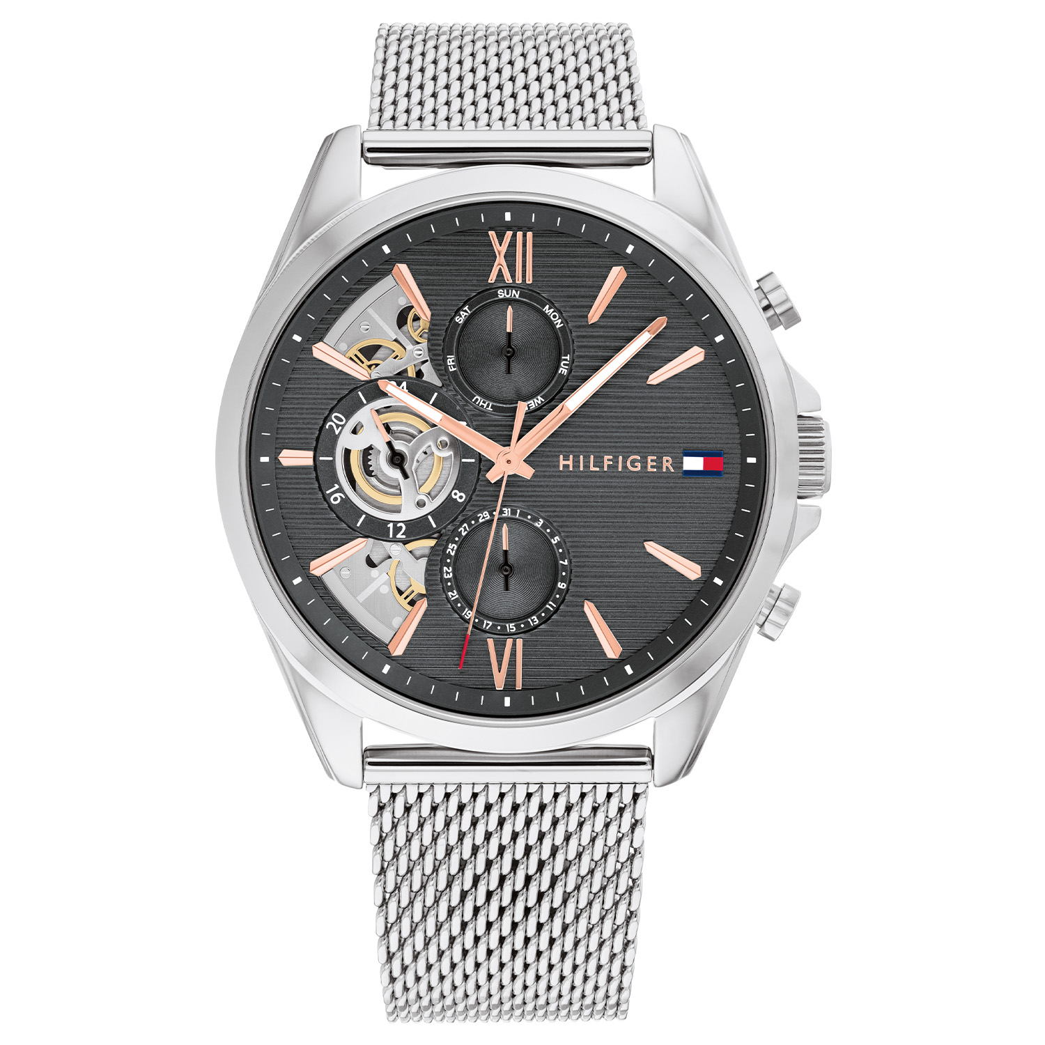 Tommy Hilfiger TH1710646 Horloge Heren Staal Zilverkleurig 44mm
Dit specifieke horloge van Tommy Hilfiger uit de Baker serie met artikelnr: TH1710646 is een stoer herenhorloge die zeker in je collectie past. Het stalen herenhorloge heeft een ronde zilverkleurige kast met een gladde bezel en een grijze wijzerplaat met dag,- datum en 24-uursaanduiding en ros&eacute;kleurige wijzers en accenten. De zilverkleurige milanese band is op lengte verstelbaar en heeft een druksluiting. Het horloge heeft een mineraalglas, een doorsnee van 44mm en is 5ATM. 

Het merk:
Sinds de lancering van het merk in 1985 is Tommy Hilfiger wereldwijd bekend geworden als pionier van de klassieke Amerikaanse coole stijl. Ge&iuml;nspireerd door de iconische popcultuur en het Amerikaanse erfgoed. De dames en herencollectie van dit seizoen bestaan uit minimalistische silhouetten en rustieke lederen details. De herenhorlogecollectie biedt iconische uurwerken met roestvrijstalen, lederen en siliconen banden.

Specificaties:
- Mineraalglas
- Ronde kast 44mm
- Zilverkleurige horlogekast
- Grijze wijzerplaat
- Zilverkleurige milanese band 
- 5ATM