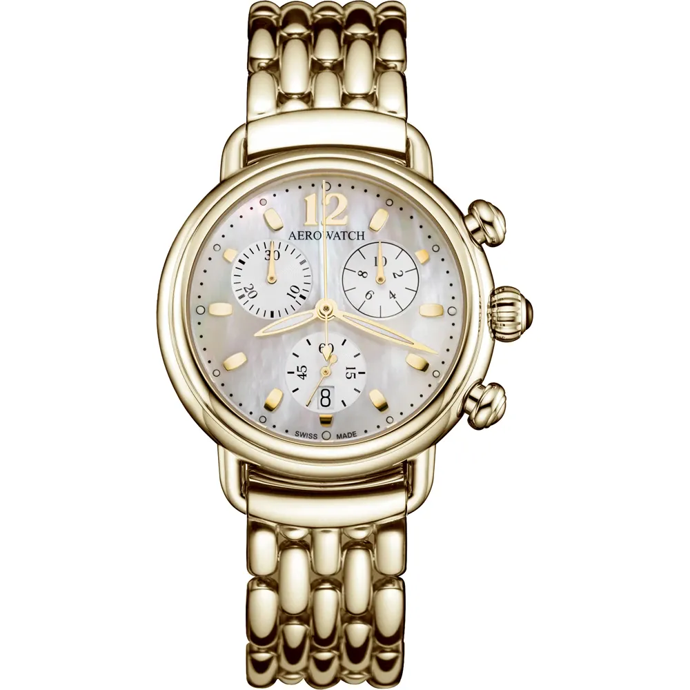 Dit Aerowatch horloge heeft een goudkleurige kast gemaakt van roestvrijstaal met een diameter van 36 mm en is voorzien van een Goudkleurige stalen band. In de kast bevindt zich een ETA kwaliteitsuurwerk en is afgewerkt met Saffierglas.

Het horloge is 5ATM. Dit betekent dat het horloge geschikt is om mee te douchen. Verder wordt het horloge geleverd met 2 jaar garantie.