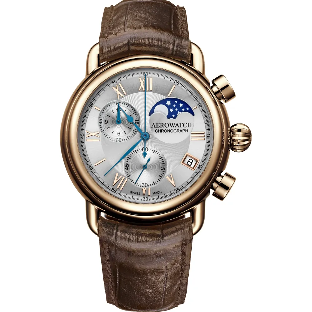 Dit Aerowatch horloge heeft een kast gemaakt van Rosekleurig roestvrijstaal met een diameter van 44 mm en is voorzien van een bruine leren band met rosekleurige stalen gesp. In de kast bevindt zich een Ronda kwaliteitsuurwerk en is afgewerkt met Saffierglas.

Het horloge is 5ATM. Dit betekent dat het horloge geschikt is om mee te douchen. Verder wordt het horloge geleverd met 2 jaar garantie.