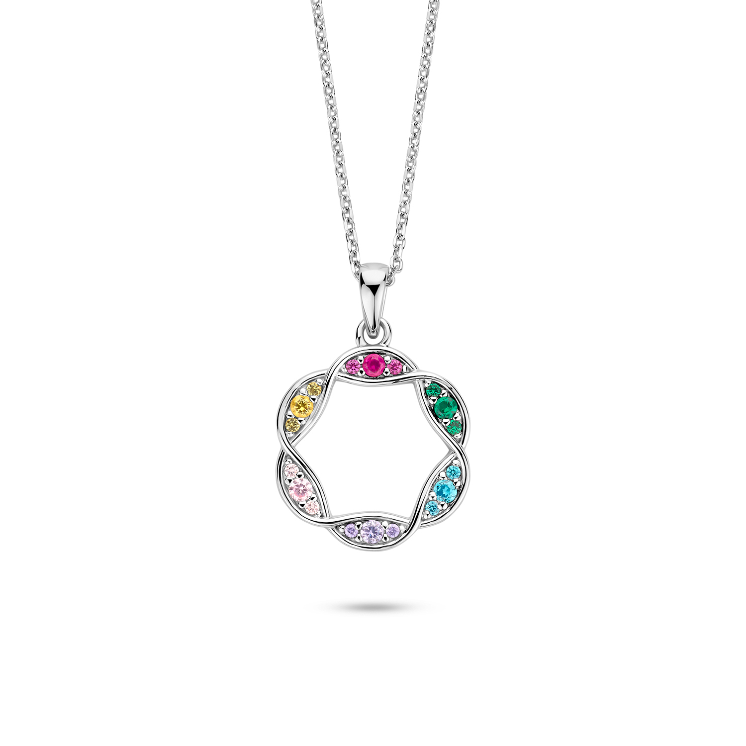 zilveren RdL collier, open rondje+ multicolor cz