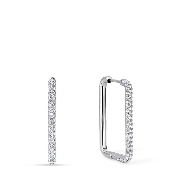  Modern, elegant en met een sprankelende afwerking - deze rechthoekige pavé oorbellen van glanzend zilverkleurig roestvrij staal maken indruk met hun stijlvolle design en hoogwaardige afwerking. De geometrische vorm geeft de oorbellen een eigentijdse look, terwijl de voorkant volledig bezet is met witte kristallen glassteentjes die bij elke beweging fonkelen en voor een geraffineerd accent zorgen.  Met een lengte van 26 mm en een breedte van 17 mm zijn de oorbellen discreet en toch expressief. Dankzij de praktische sluiting zijn ze gemakkelijk aan te doen en stevig te dragen - ideaal voor alledaags gebruik of voor feestelijke gelegenheden. 