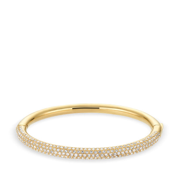  Deze damesarmband uit de Arctic Pavé-collectie is een echte highlight voor elke pols. Hij is gemaakt van glanzend goudkleurig roestvrijstaal en maakt indruk met zijn heldere vorm en moderne, elegante look. De voorkant is dicht bezet met witte pavé-stijl kristallen glasstenen voor een stralende schittering - perfect om een glamoureuze touch toe te voegen aan elke outfit.  Dankzij de praktische scharniersluiting is de armband gemakkelijk om te doen en veilig te dragen. De hoogwaardige afwerking zorgt voor een comfortabele pasvorm en maakt het de ideale metgezel voor dagelijks gebruik en speciale gelegenheden. 