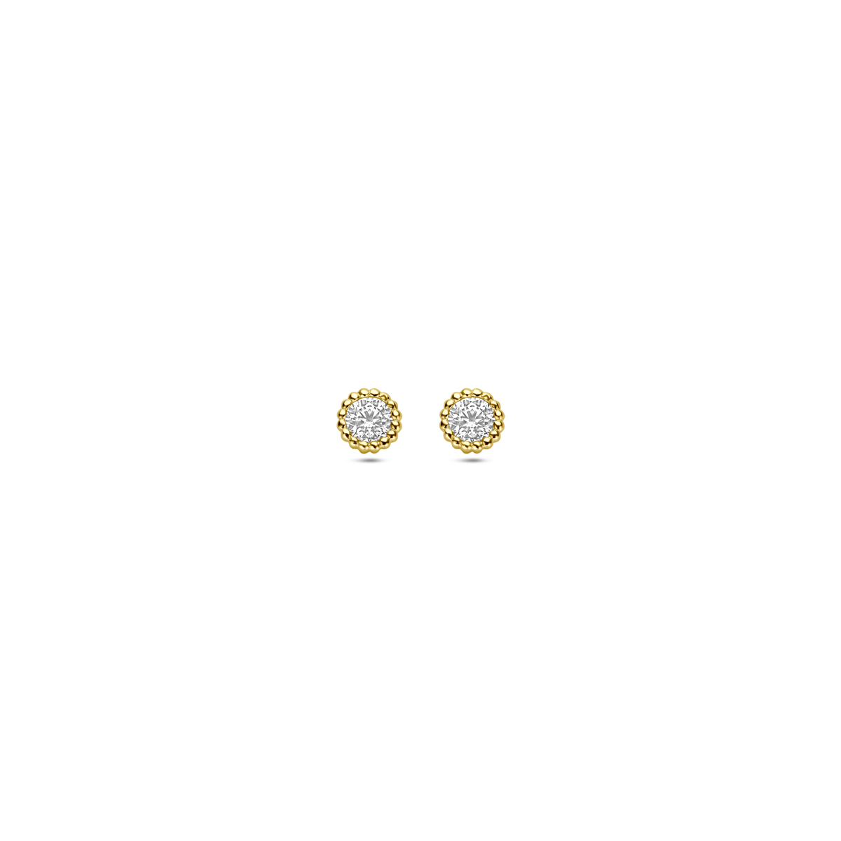 14k Geelgouden oorknoppen uitgevoerd met zirkonia. De oorknoppen hebben een diameter van 4mm.