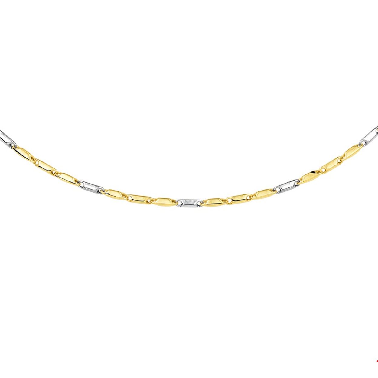 Bicolor wit- en geelgouden collier met een lengte van 45cm en breedte van 1.9mm. Het collier is te combineren met een bijpassende armband uit onze collectie.(4207935)
