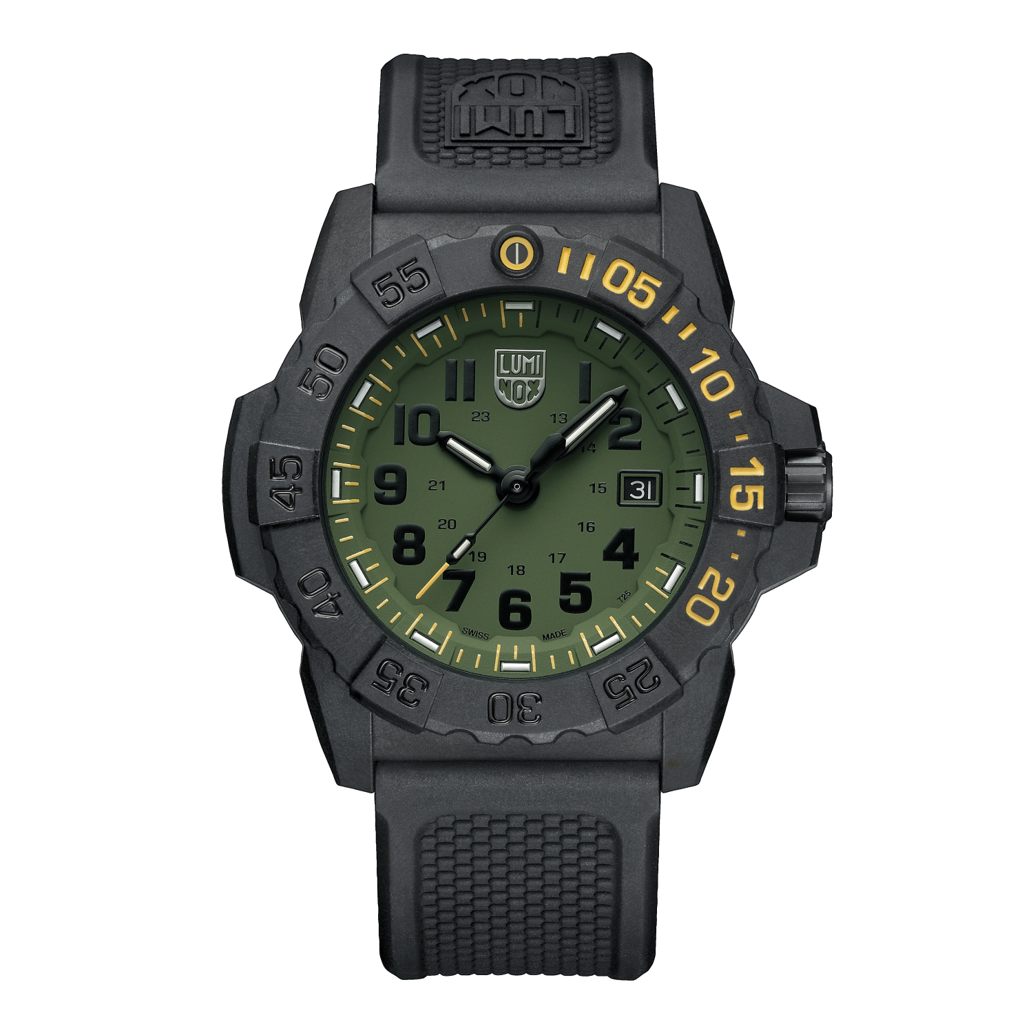 Dit Luminox horloge behoort tot de Navy Seal collectie.
Referentienummer:

De Navy SEAL Foundation XS.3517.NSF.SET weerspiegelt Luminox' nauwe band met elite militaire eenheden met een opvallende militair groene en gele kleurencombinatie. Gebouwd met een robuuste 45 mm CARBONOX™ kast en bezel, is het horloge ontworpen om extreme omstandigheden te weerstaan ​​en is het waterbestendig tot 200 meter. De wijzerplaat is beschermd door krasbestendig gehard mineraalglas en versterkt door Luminox' kenmerkende Light Technology, die zorgt voor constante zichtbaarheid in alle lichtomstandigheden tot wel 25 jaar. De ijsblauwe en gele LLT-buizen zorgen ervoor dat de gloed van de wijzerplaat overeenkomt met de kleuren van het logo van de Navy SEAL Foundation dat in de achterkant van de kast is gegraveerd. Het opvallende horloge wordt geleverd met een duurzame zwarte rubberen band en een extra zwarte NATO-band voor veelzijdigheid. Zoals alle Navy SEAL Foundation-modellen is dit horloge meer dan alleen een horloge - het is een eerbetoon aan de veerkracht en moed van