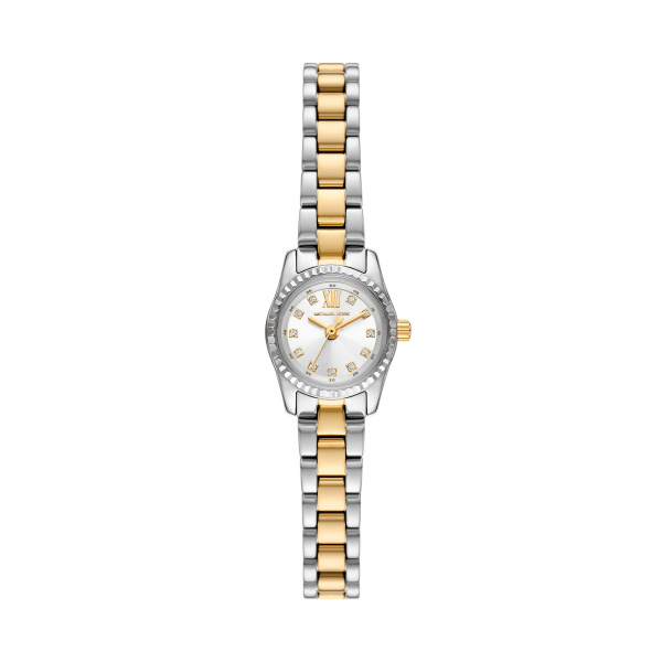 De Michael Kors Horloge MK4903 is een elegante polshorloge met een goud-zilver gekleurde metalen band. Het heeft een analoge wijzerplaat met decoratieve diamantindexen en een zilverkleurige kast van mineraalglas. Zonder datumaanduiding, maar met een opvallend bezel-ontwerp. Perfect voor zowel dagelijks gebruik als speciale gelegenheden voor een stijlvolle uitstraling.