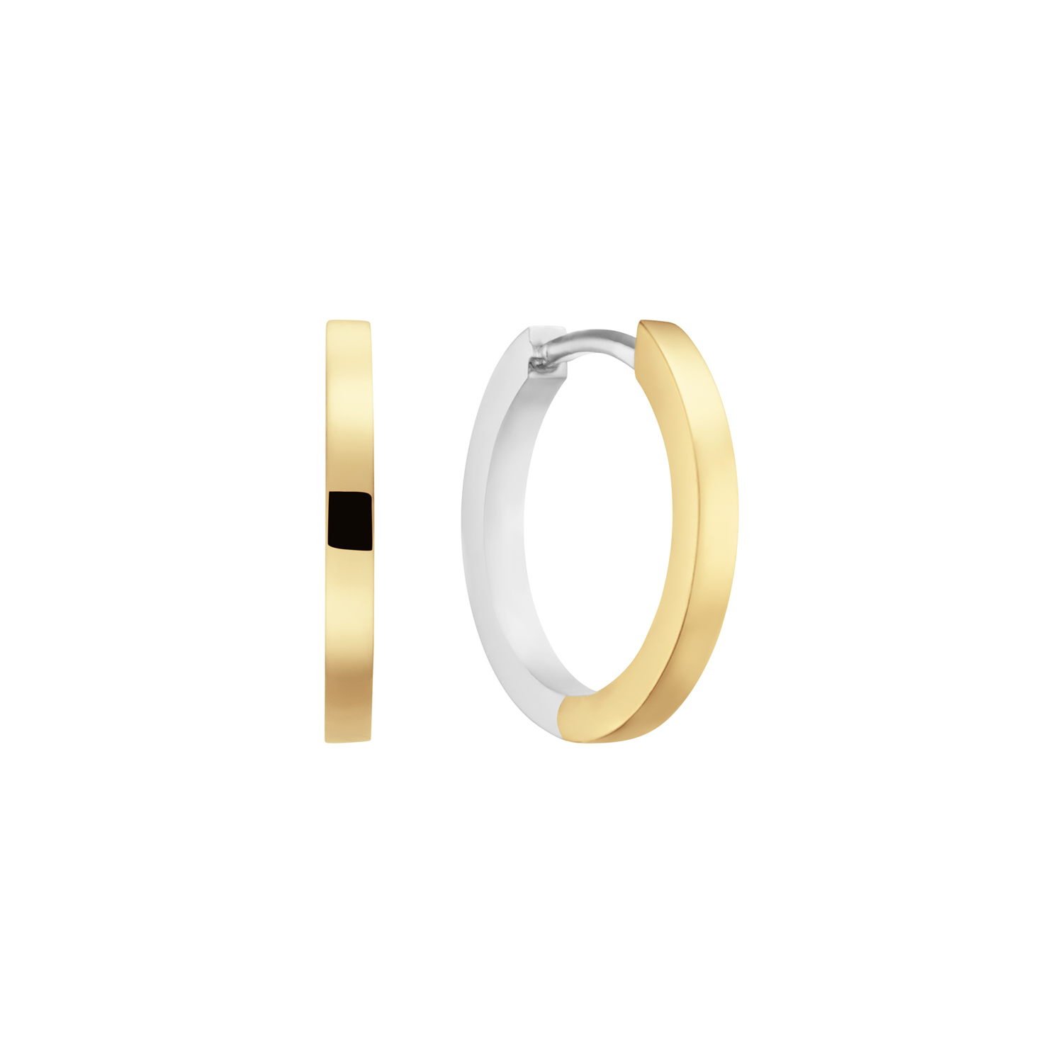 Bicolor zilveren oorringen, met een stevige scharniersluiting. De oorringen kunnen aan twee klanten gedragen worden, de zilveren kant of de goudkleurige kant.