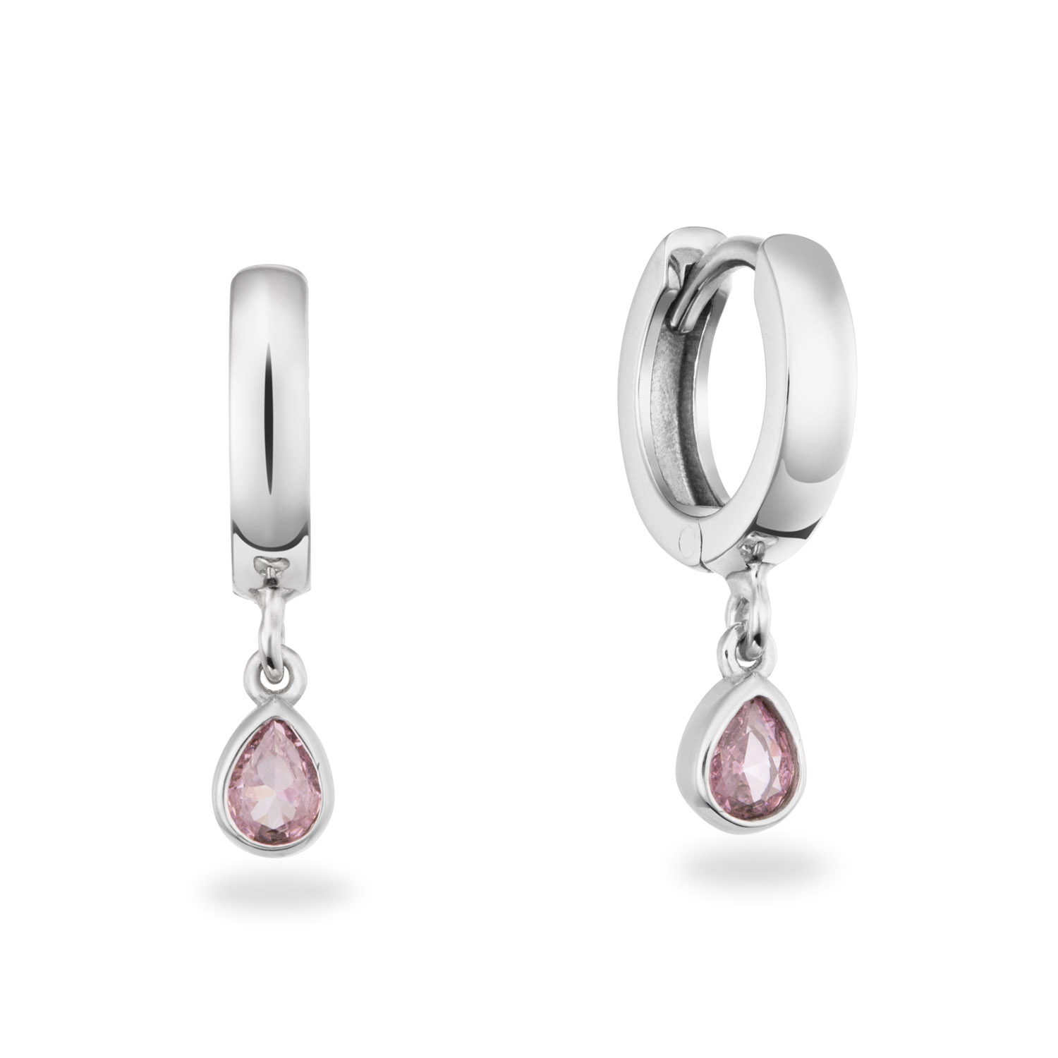 zilveren oorringen, druppel+ roze zirconias